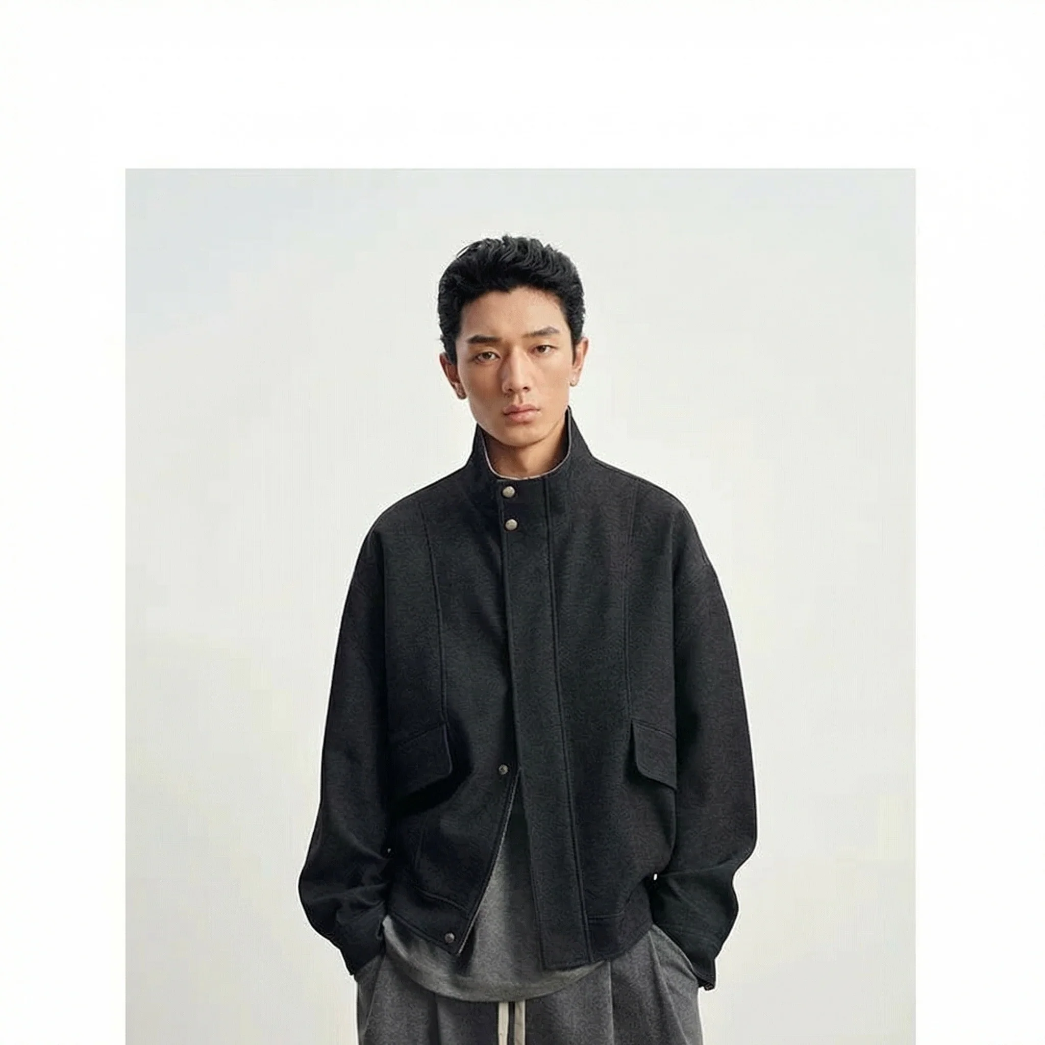 Two-Tone Faux Denim Stand-Collar Jacket - Image 3