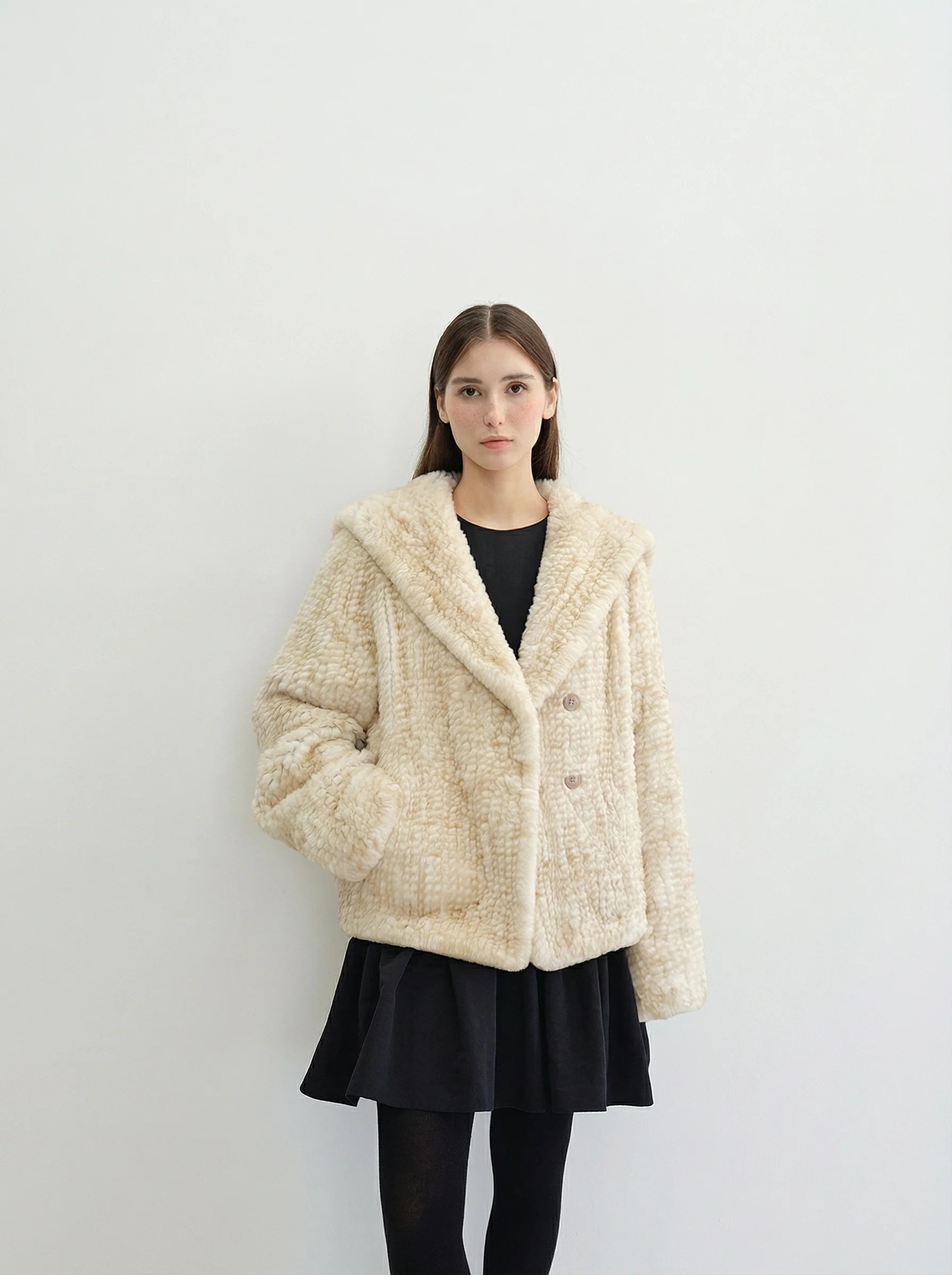 Two-Tone Rex Rabbit Fur Sailor-Collar Jacket - Image 4