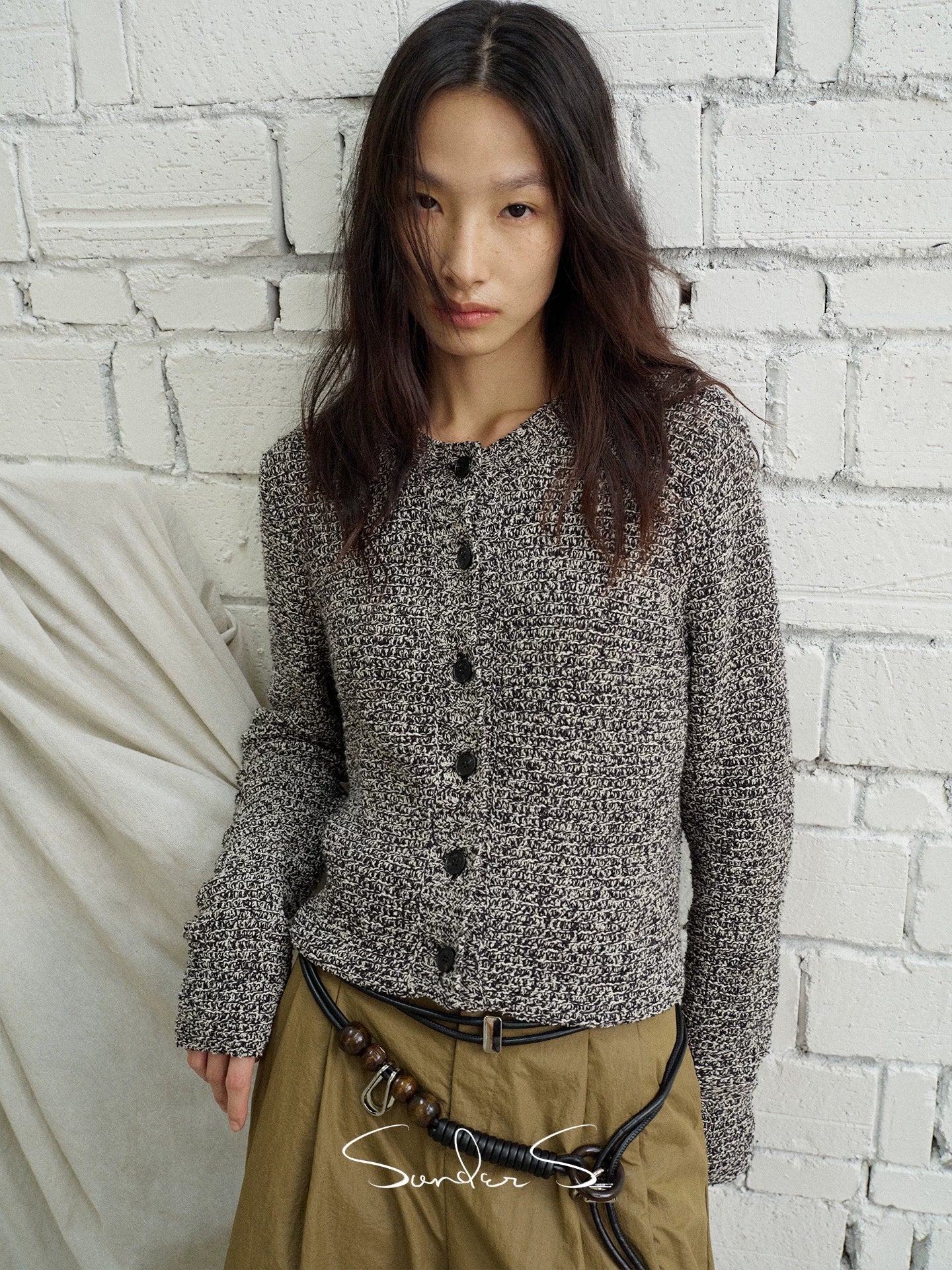 Two-Tone Textured Round-Neck Cardigan