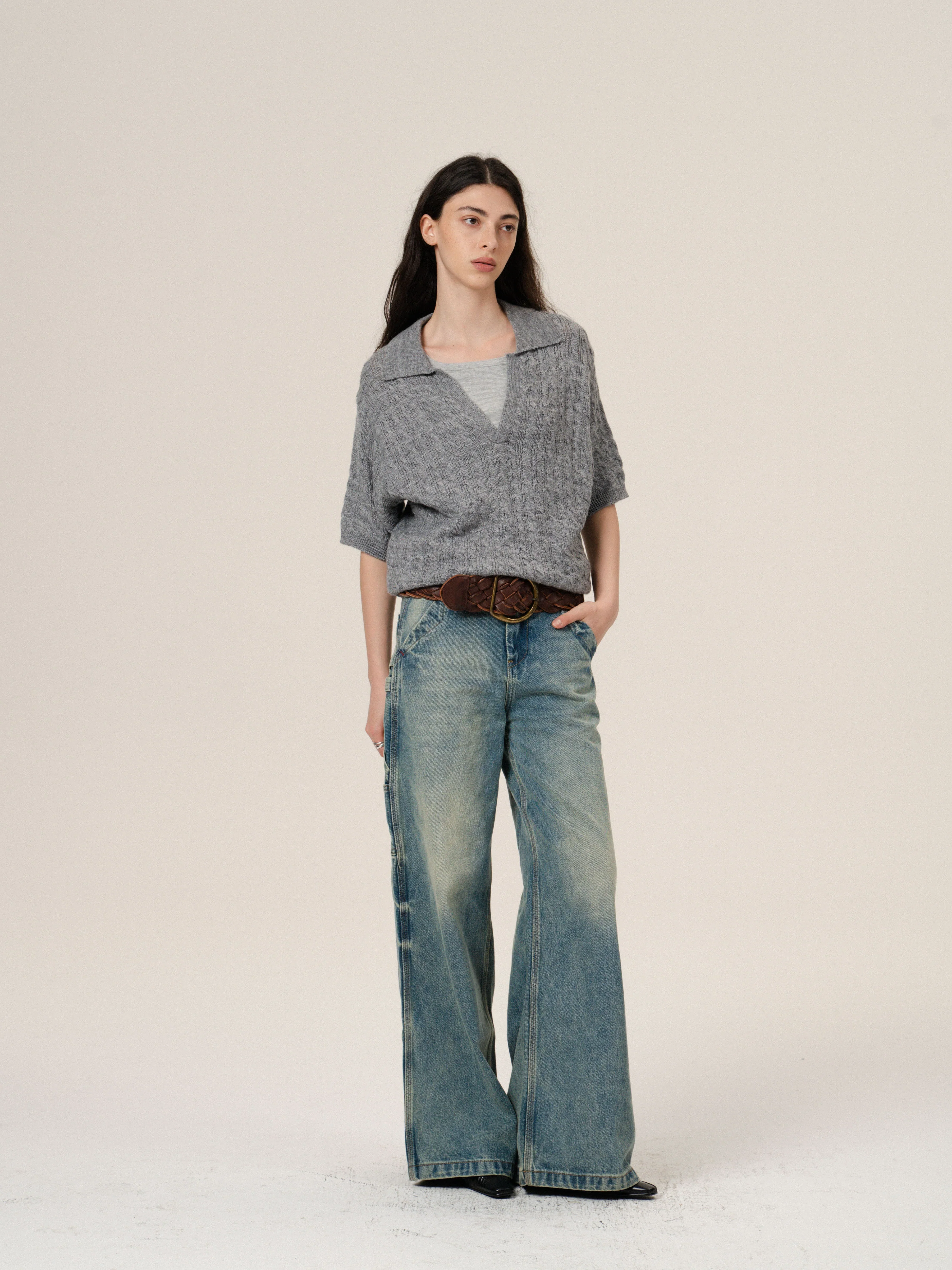 V-Neck Cable Knit Polo Sweater - Image 5