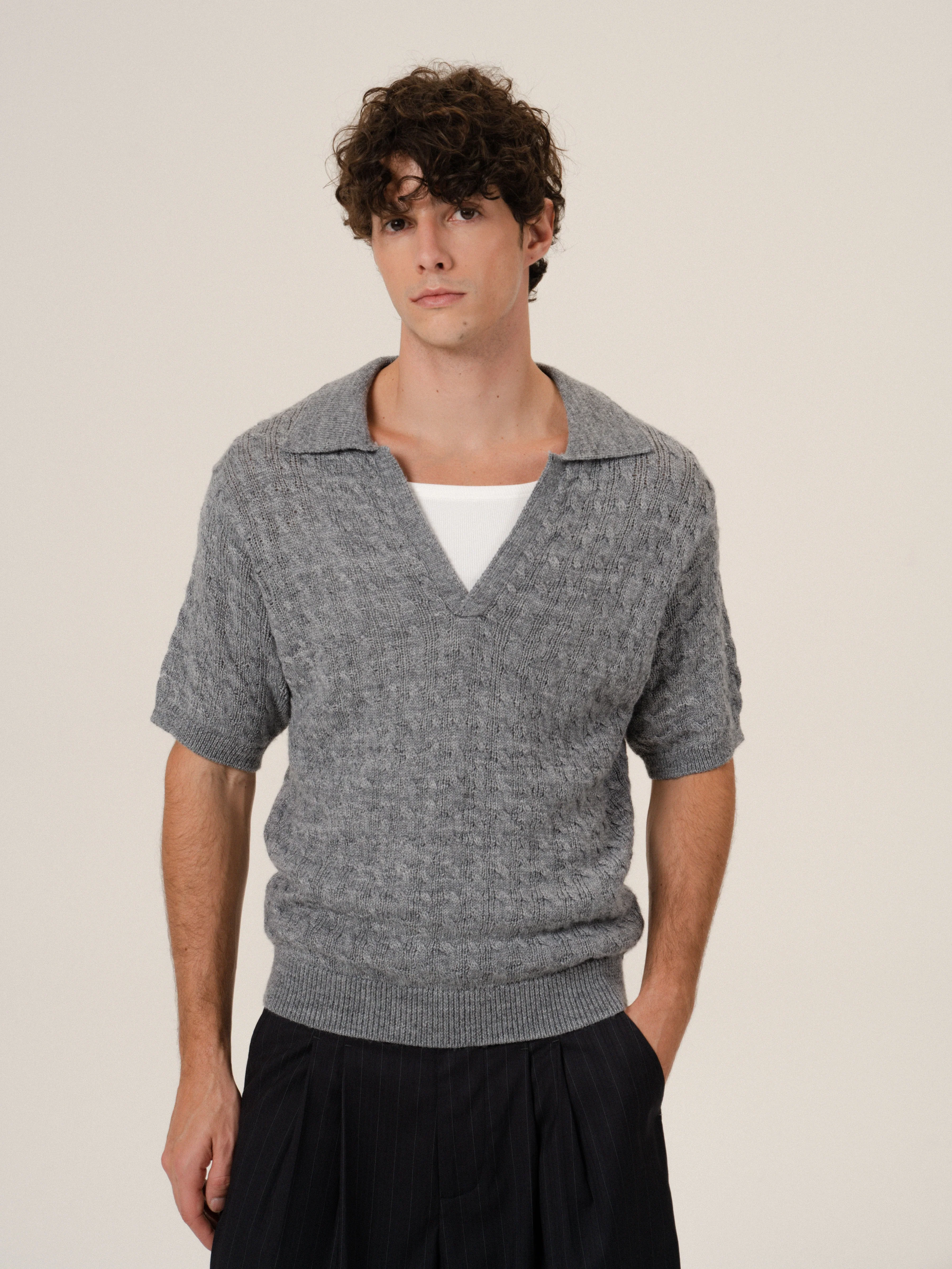 V-Neck Cable Knit Polo Sweater - Image 7