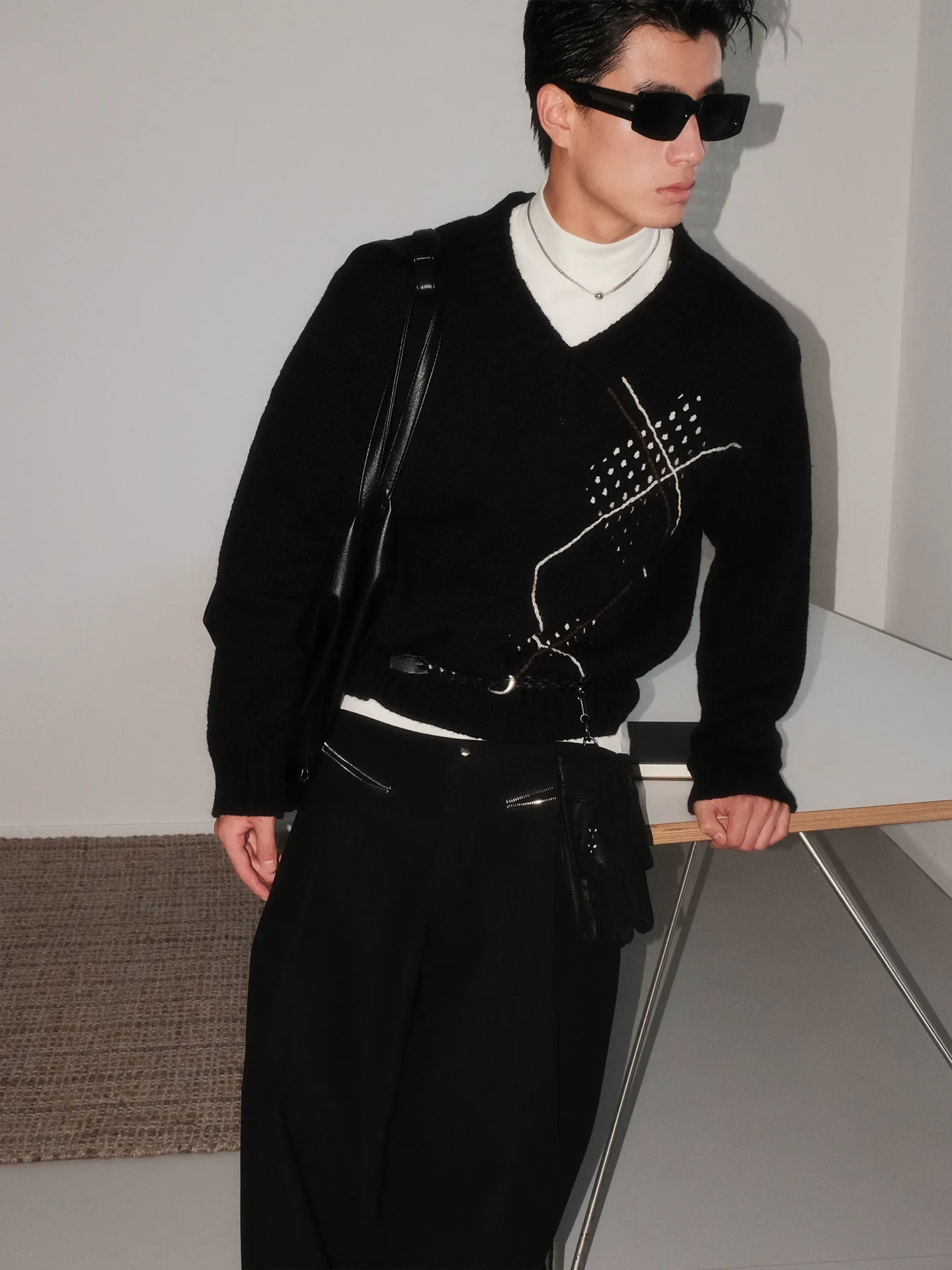 V-Neck Openwork Diamond Stitch Sweater - Image 3