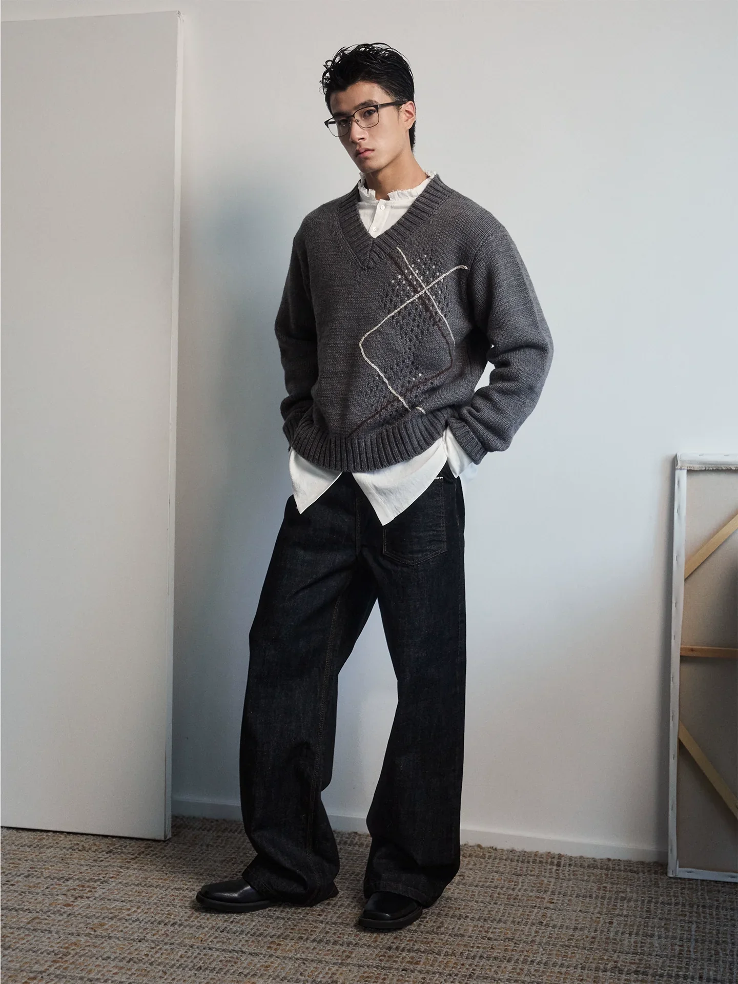 V-Neck Openwork Diamond Stitch Sweater - Image 4