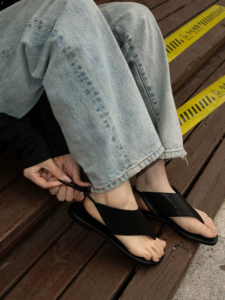 Vegetable-Tanned Leather Slingback Thong Sandals
