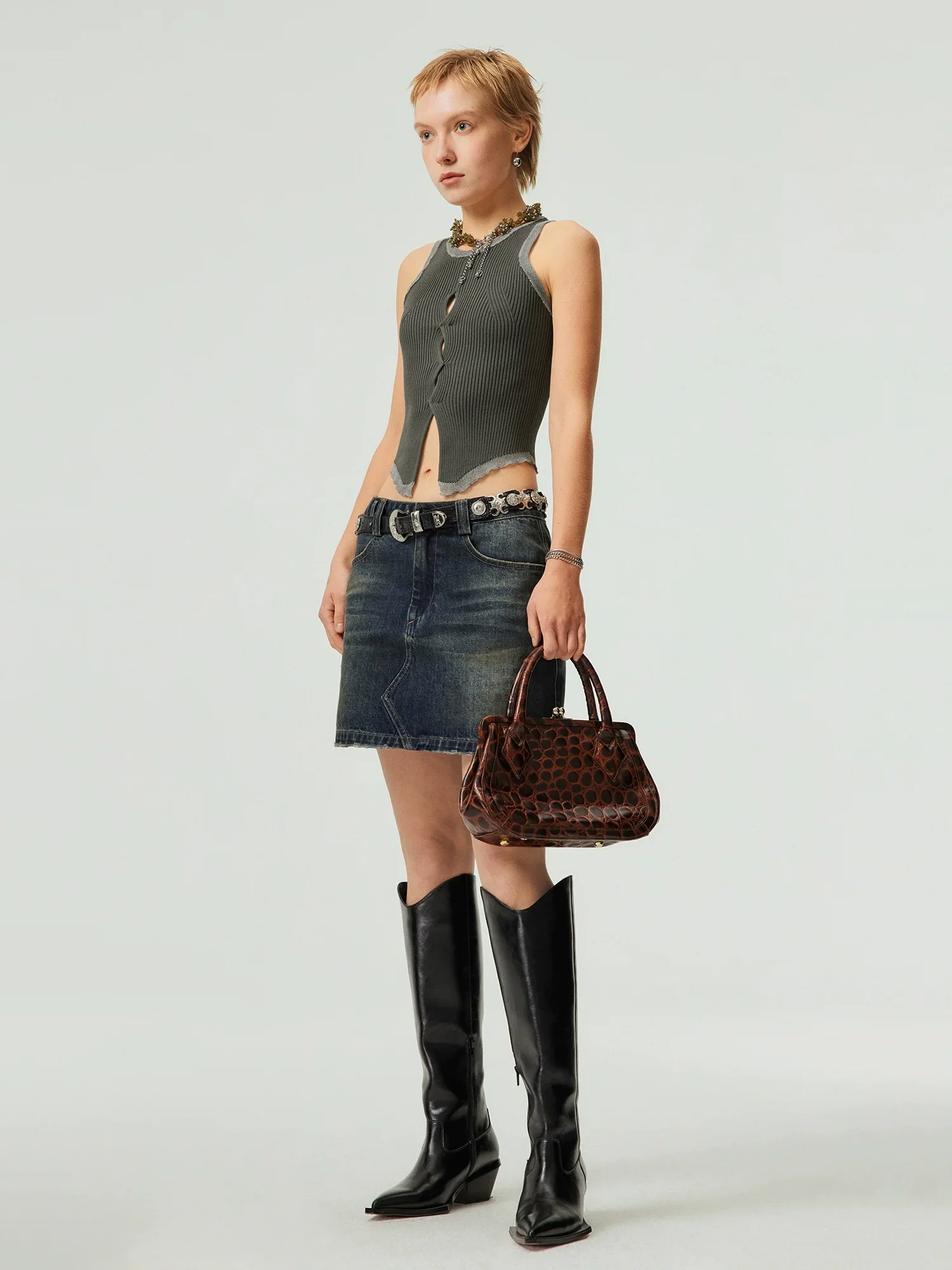 Vintage Wash A-Line Denim Mini Skirt - Image 2