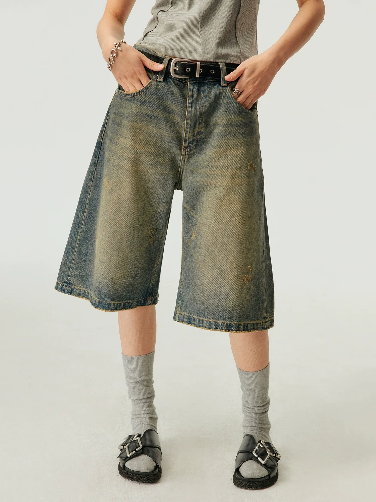 Vintage Wash Denim Bermuda Shorts