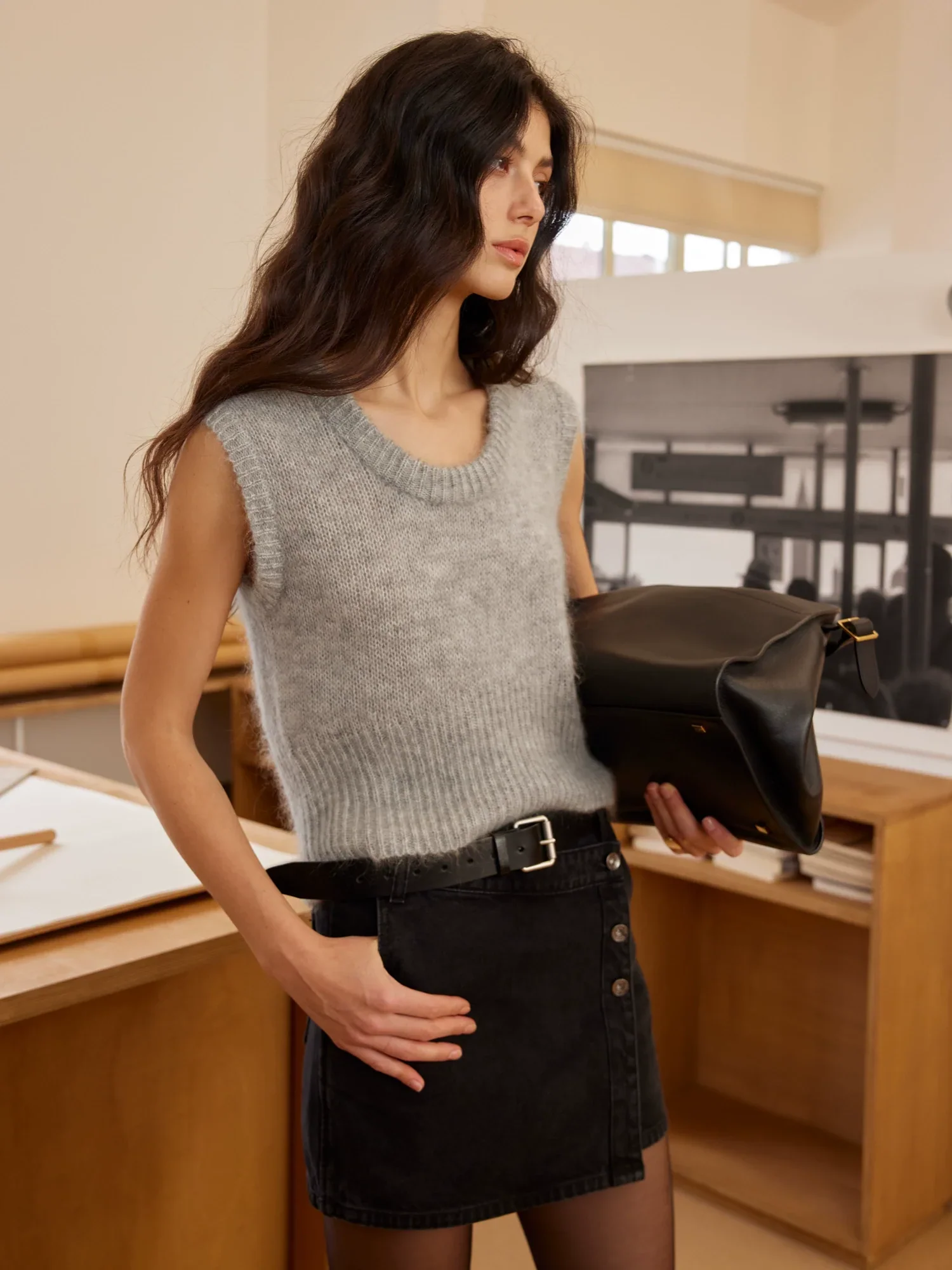 Washed Black Asymmetric Denim Mini Skirt - Image 4