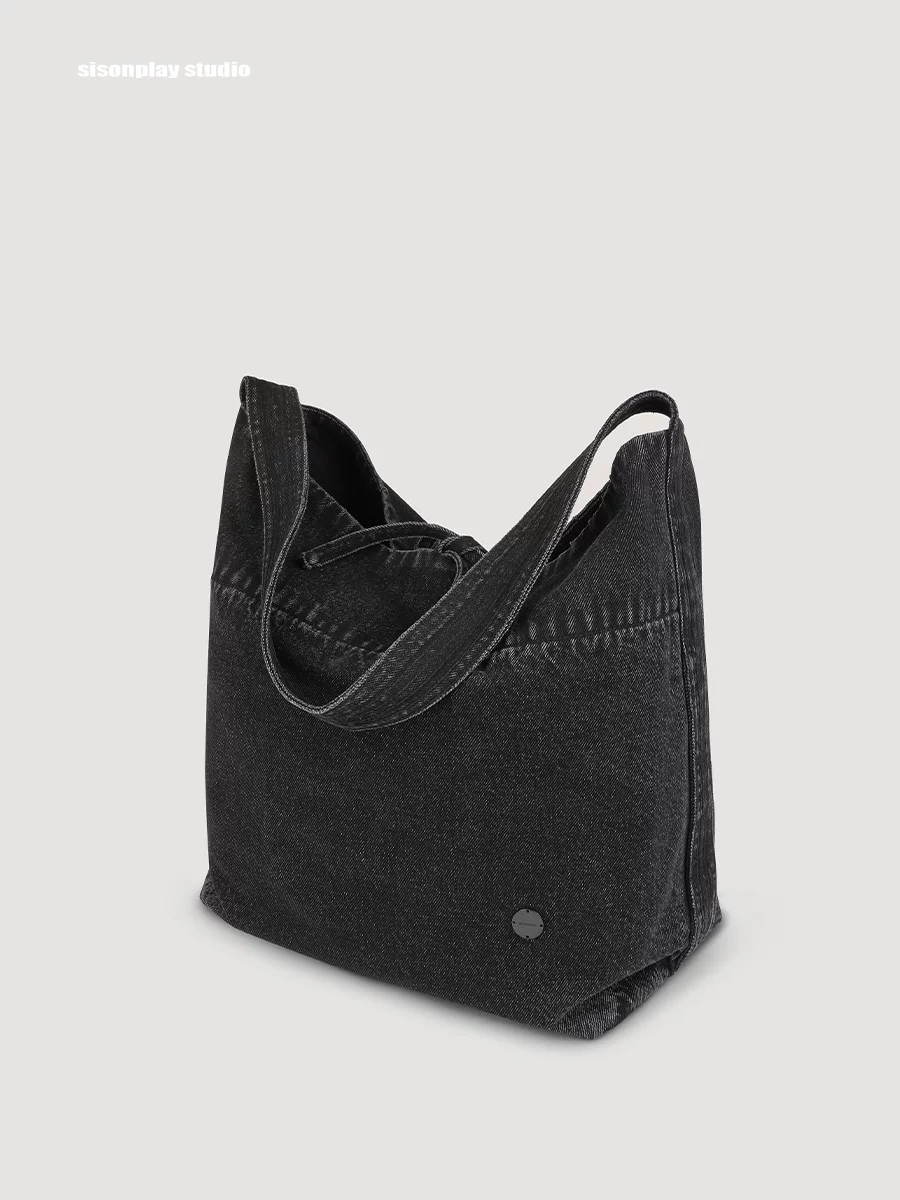 Washed Black Denim Drawstring Shoulder Bag - Image 2