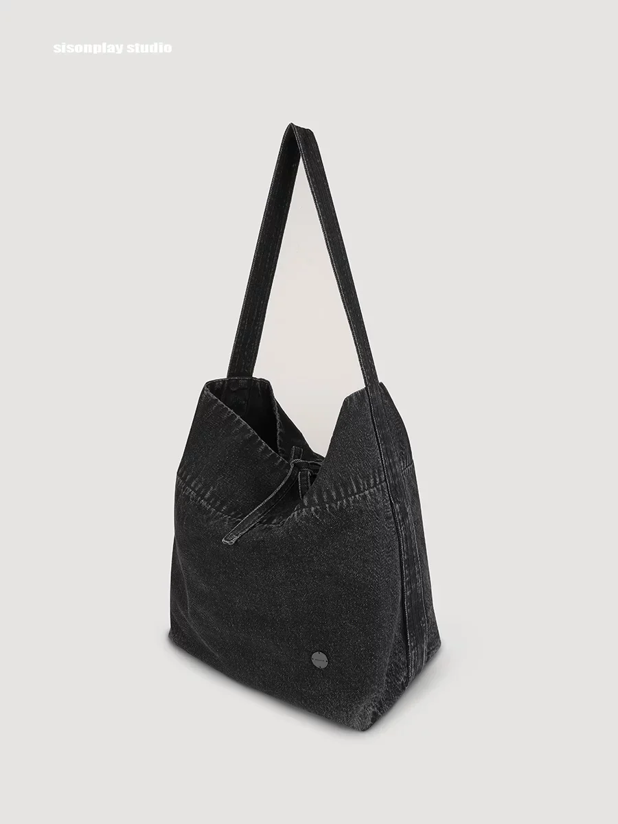 Washed Black Denim Drawstring Shoulder Bag - Image 3