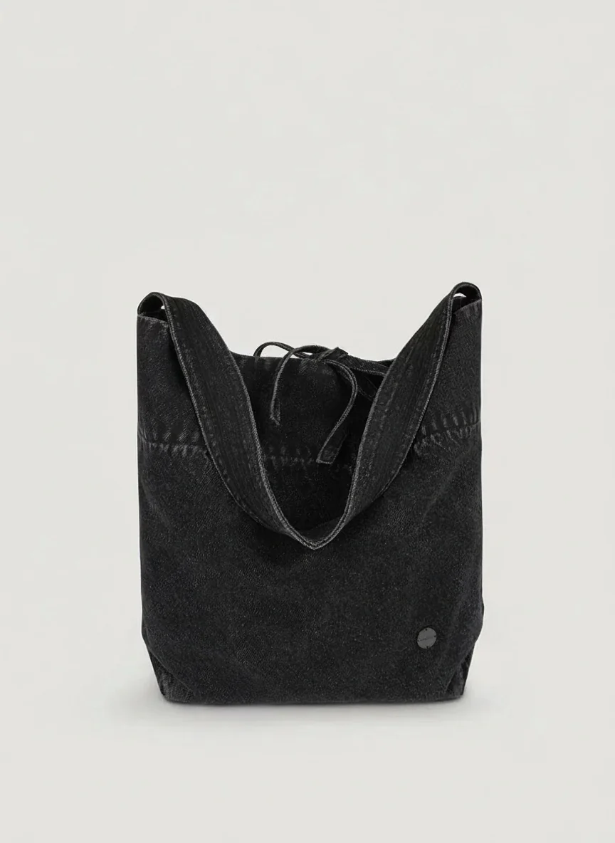 Washed Black Denim Drawstring Shoulder Bag - Image 5