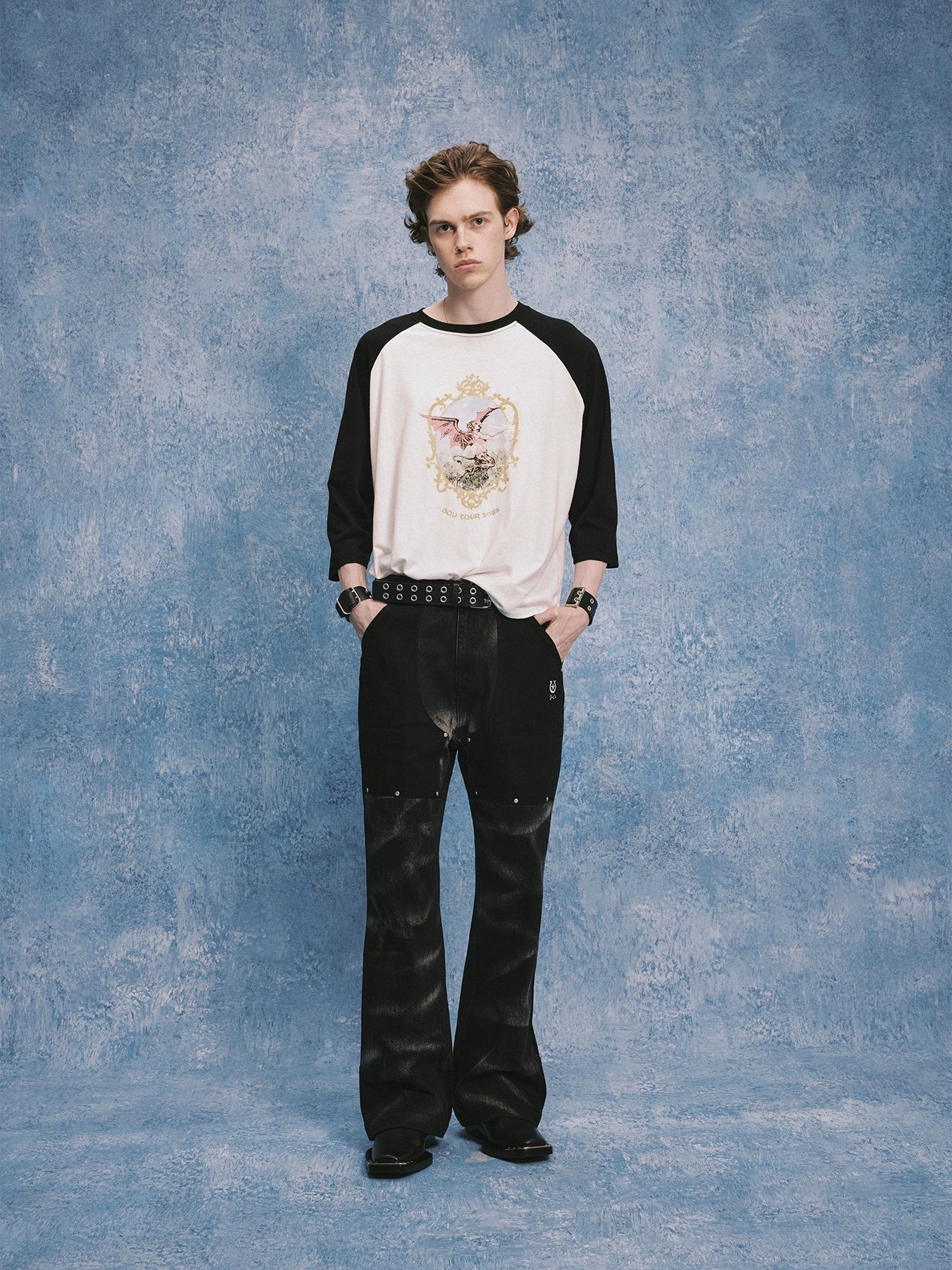 Washed Black Rivet Panel Jeans