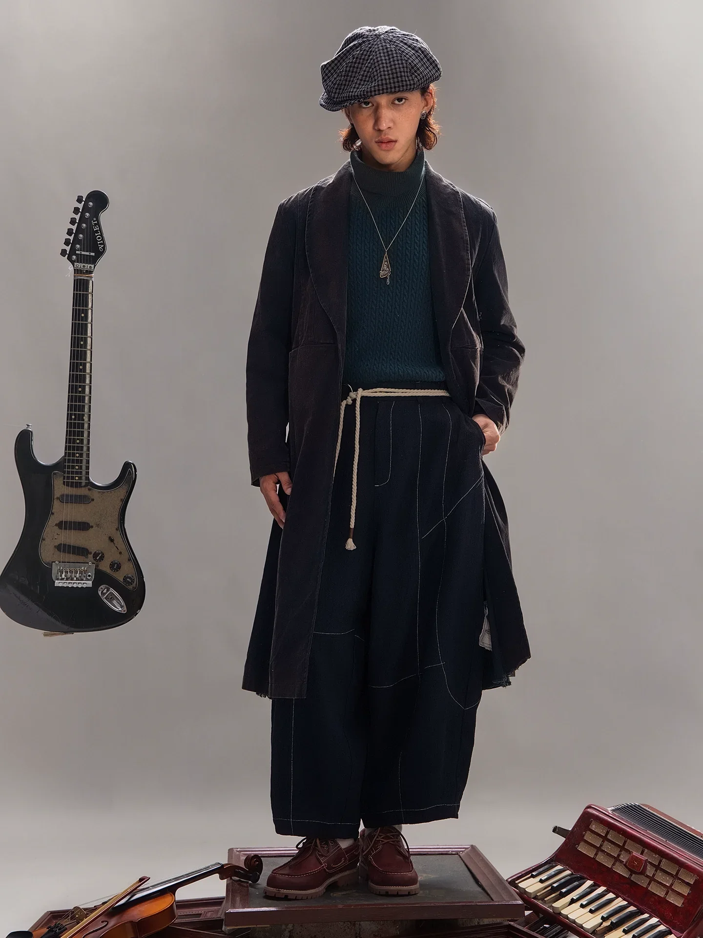 Washed Black Shawl Collar Belted Overcoat - Image 2