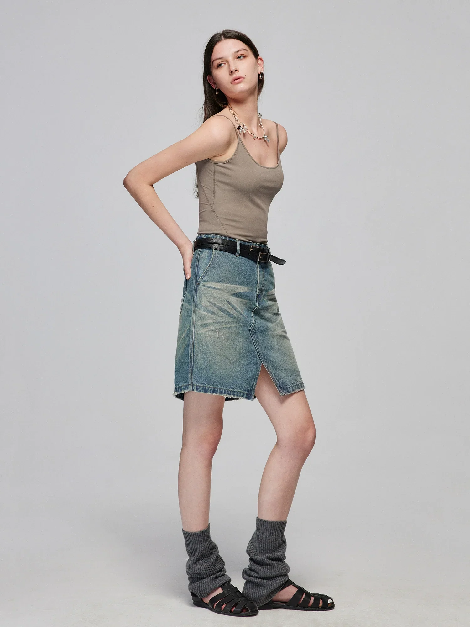 Washed Blue Distressed A-Line Denim Mini Skirt - Image 2