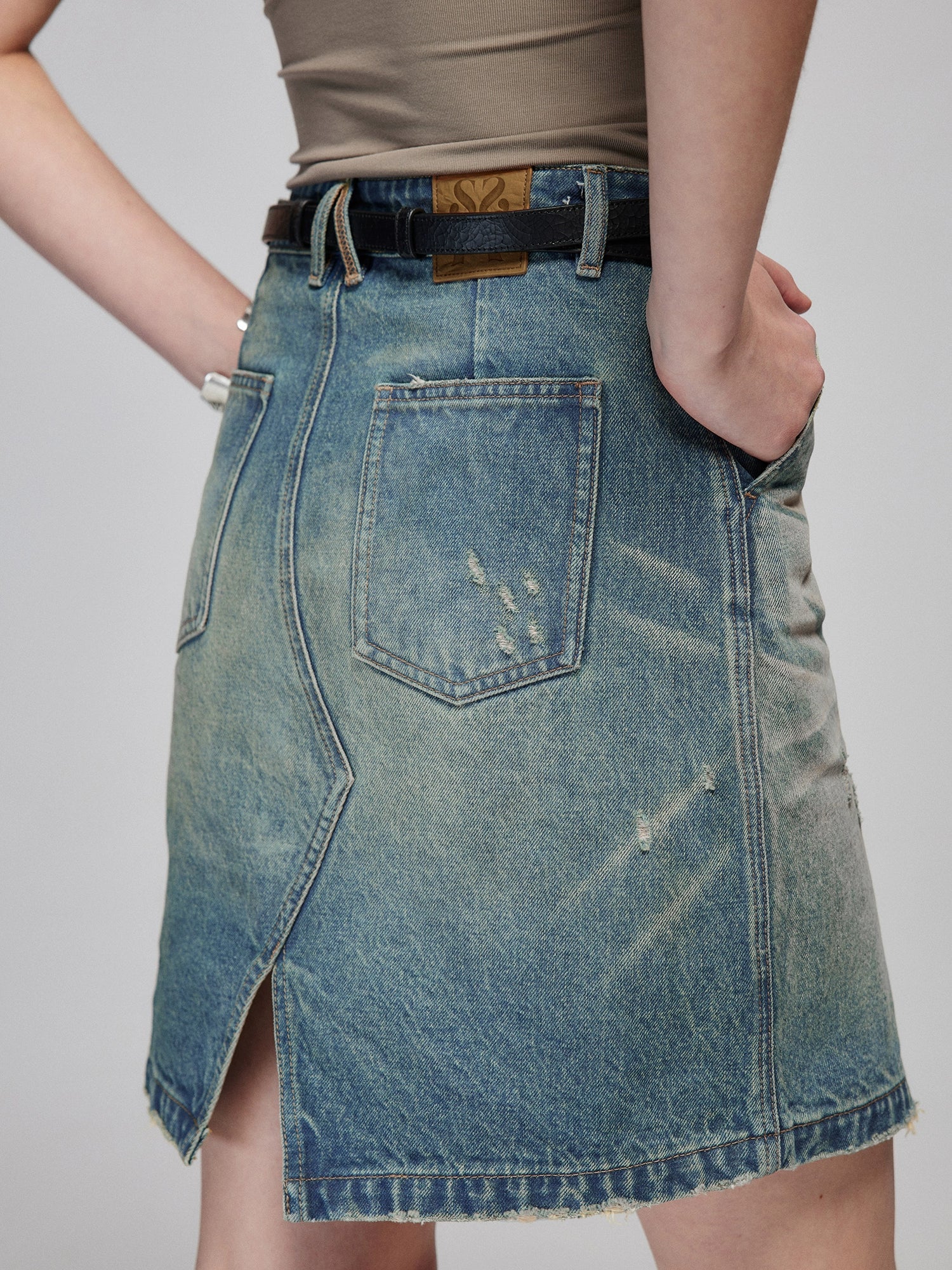 Washed Blue Distressed A-Line Denim Mini Skirt - Image 3