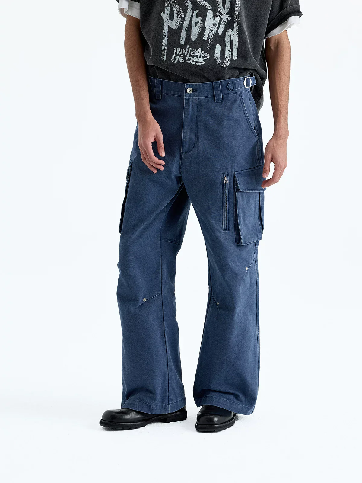 Washed Canvas Wide-Leg Cargo Pants