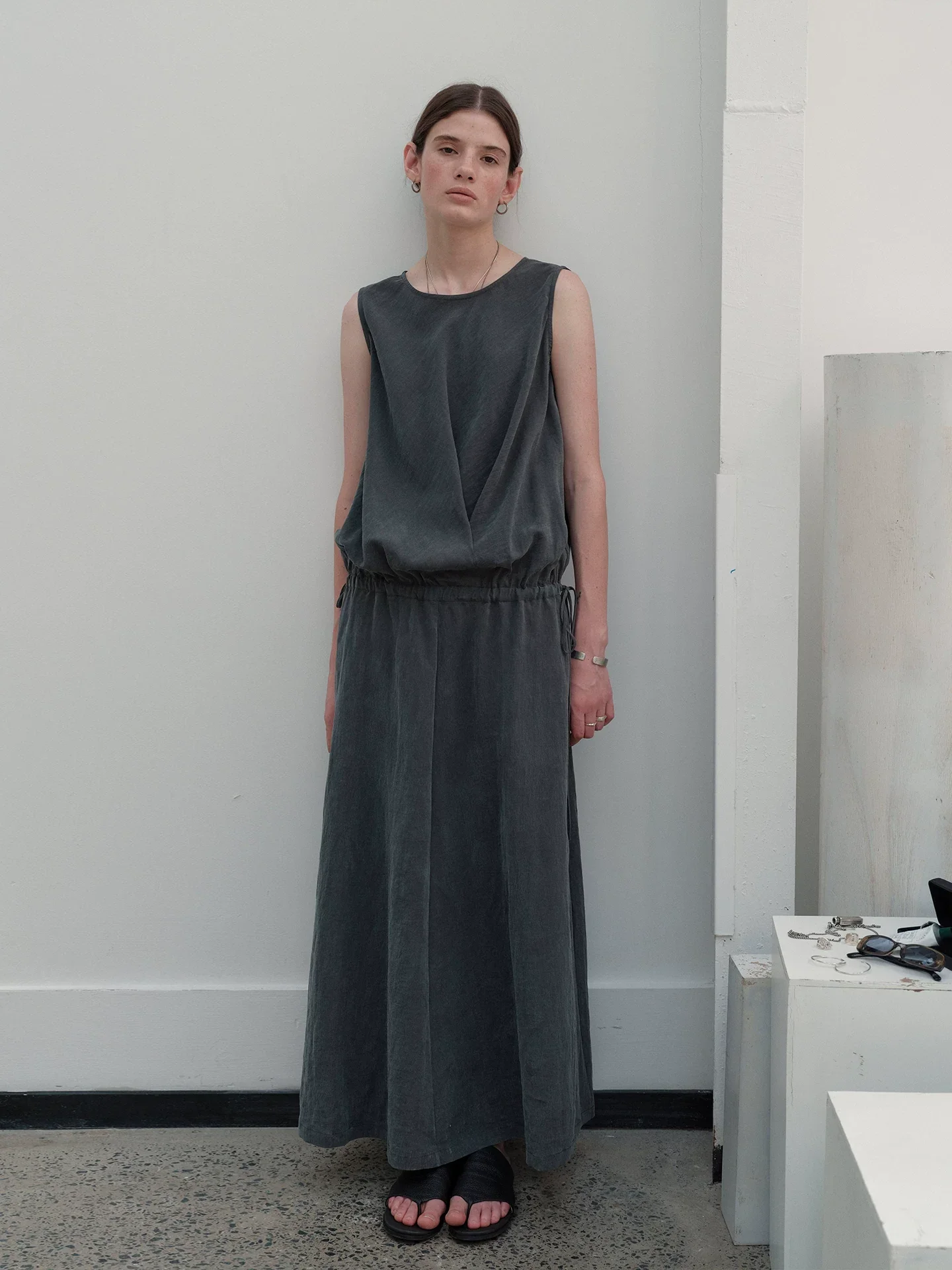 Washed Charcoal Drawstring Maxi Dress - Image 2