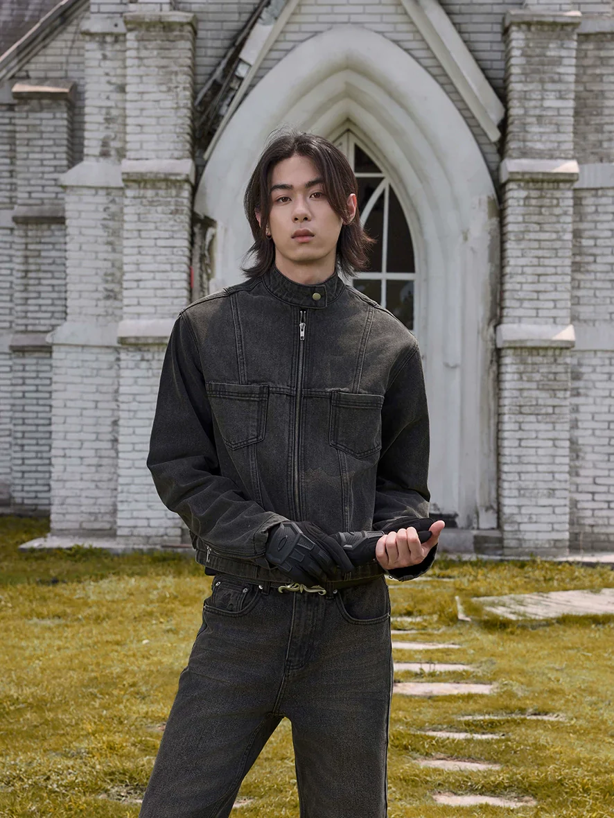 Washed Charcoal Harrington Denim Jacket - Image 2