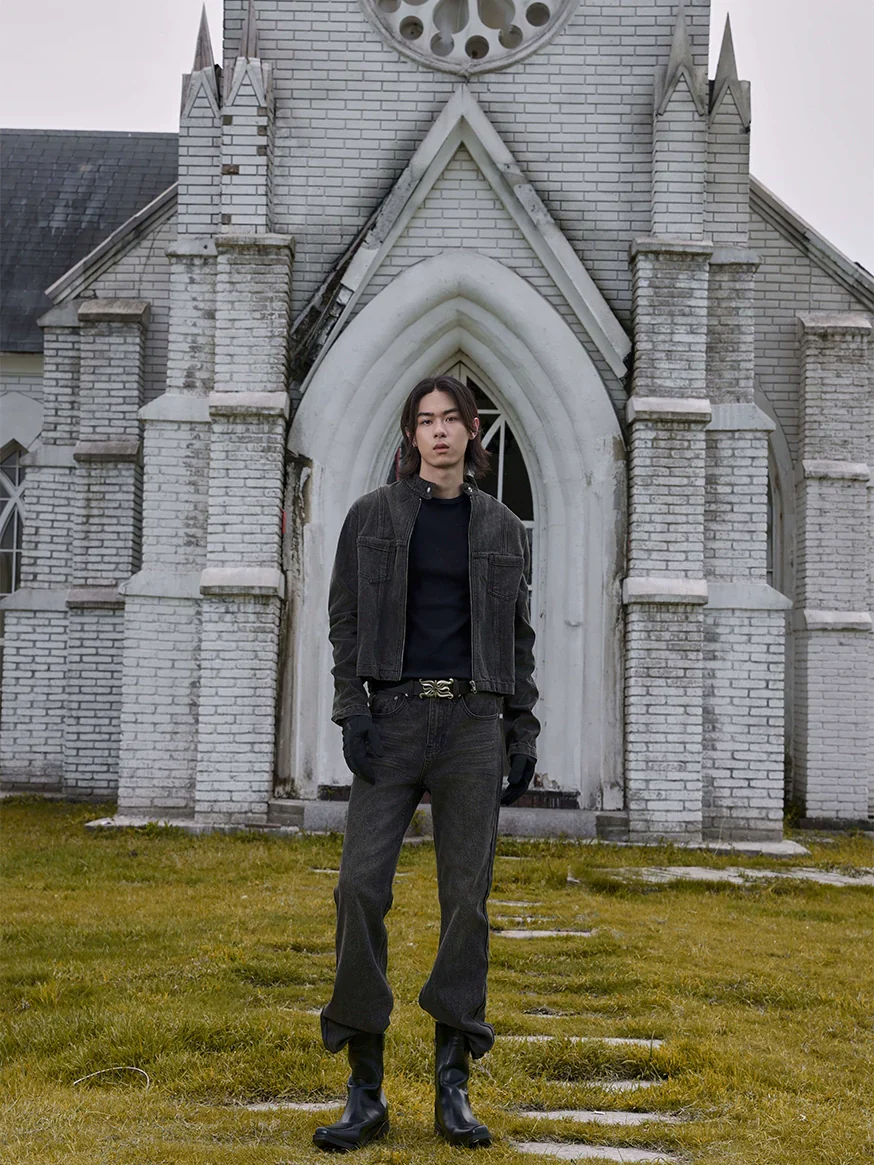 Washed Charcoal Harrington Denim Jacket - Image 3