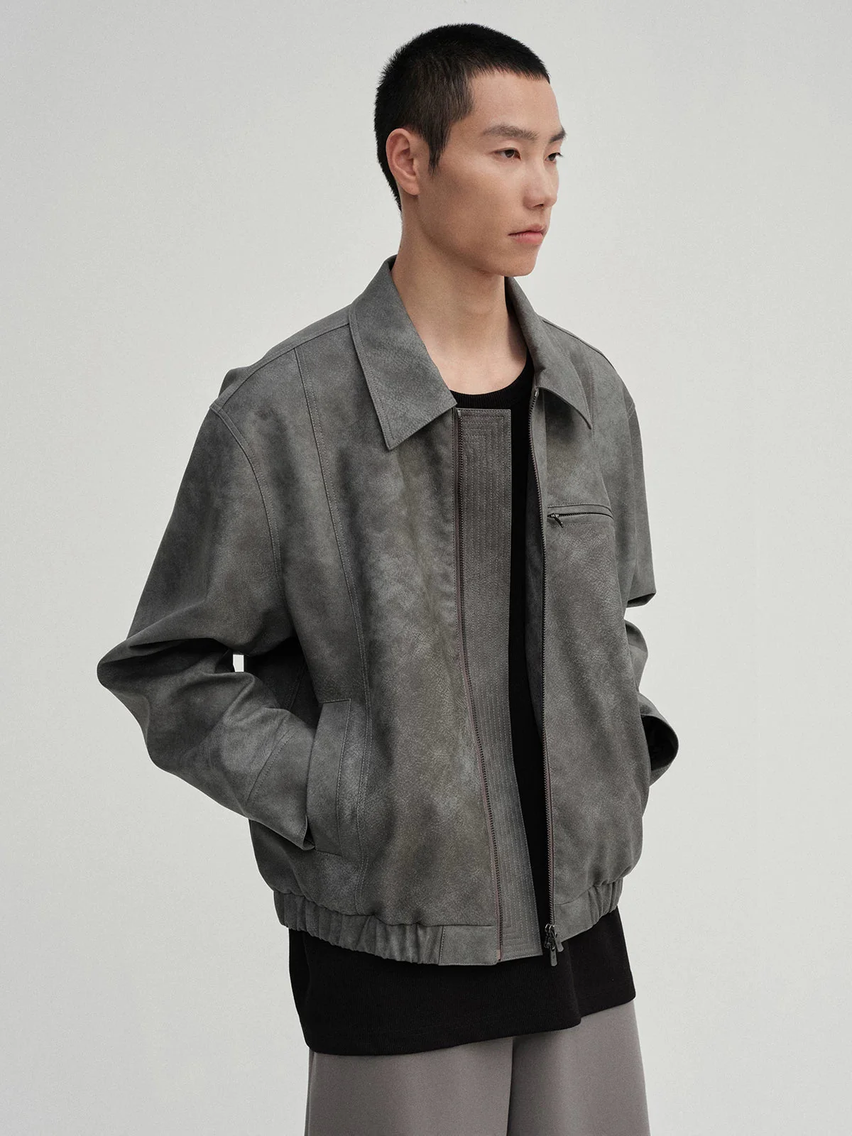 Washed Charcoal PU Zip Jacket - Image 2