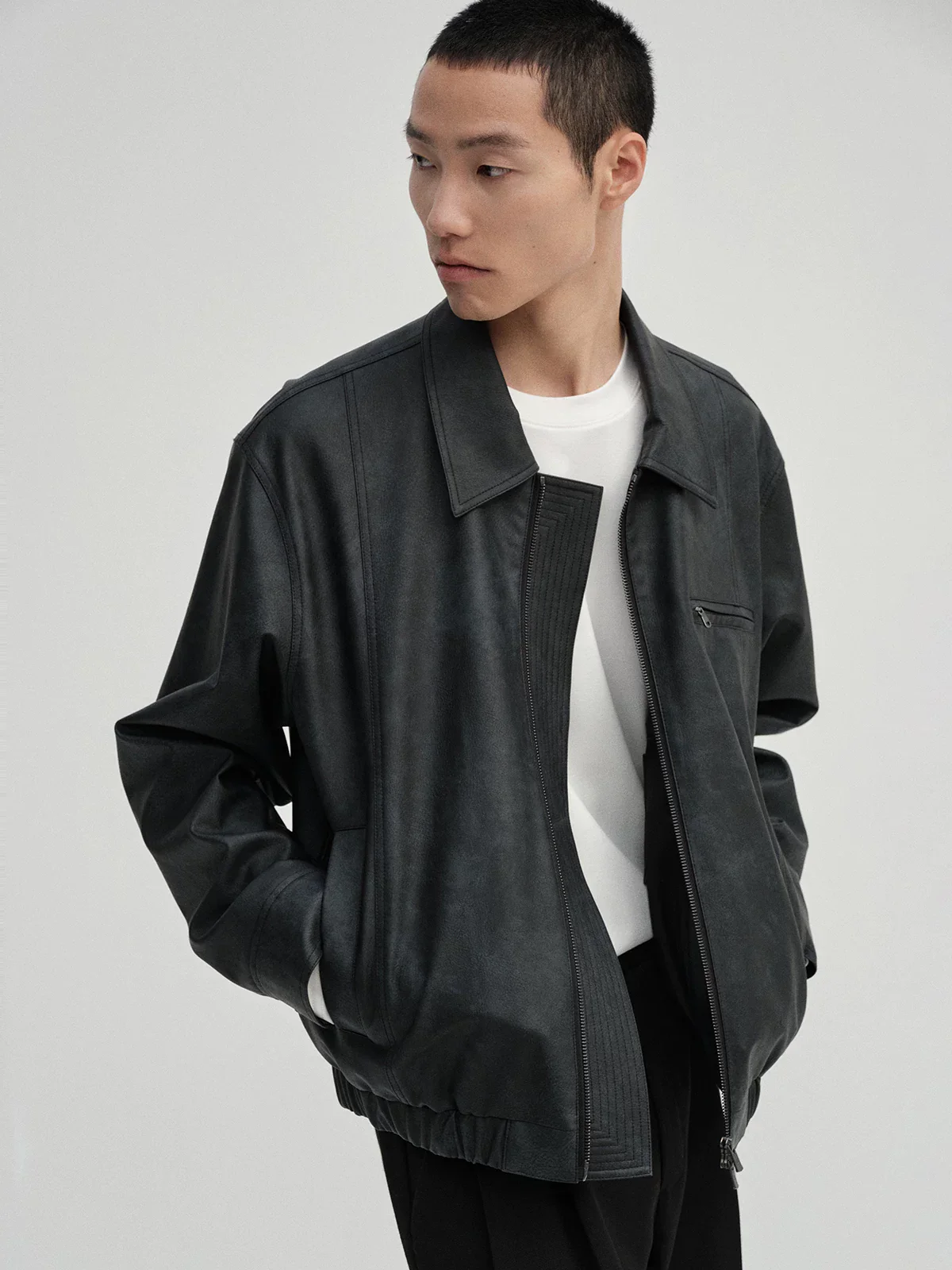 Washed Charcoal PU Zip Jacket - Image 4