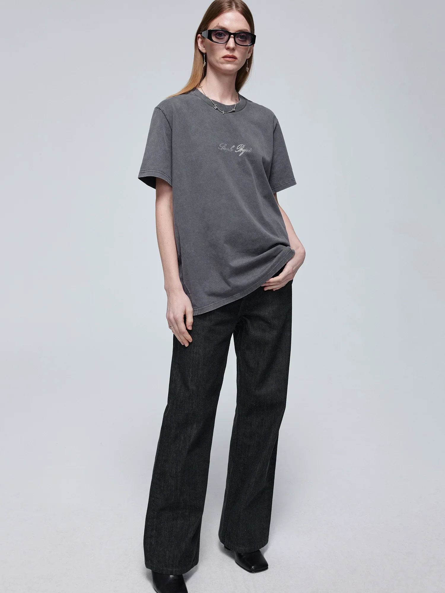 Washed Charcoal Rhinestone Logo Tee - Image 2