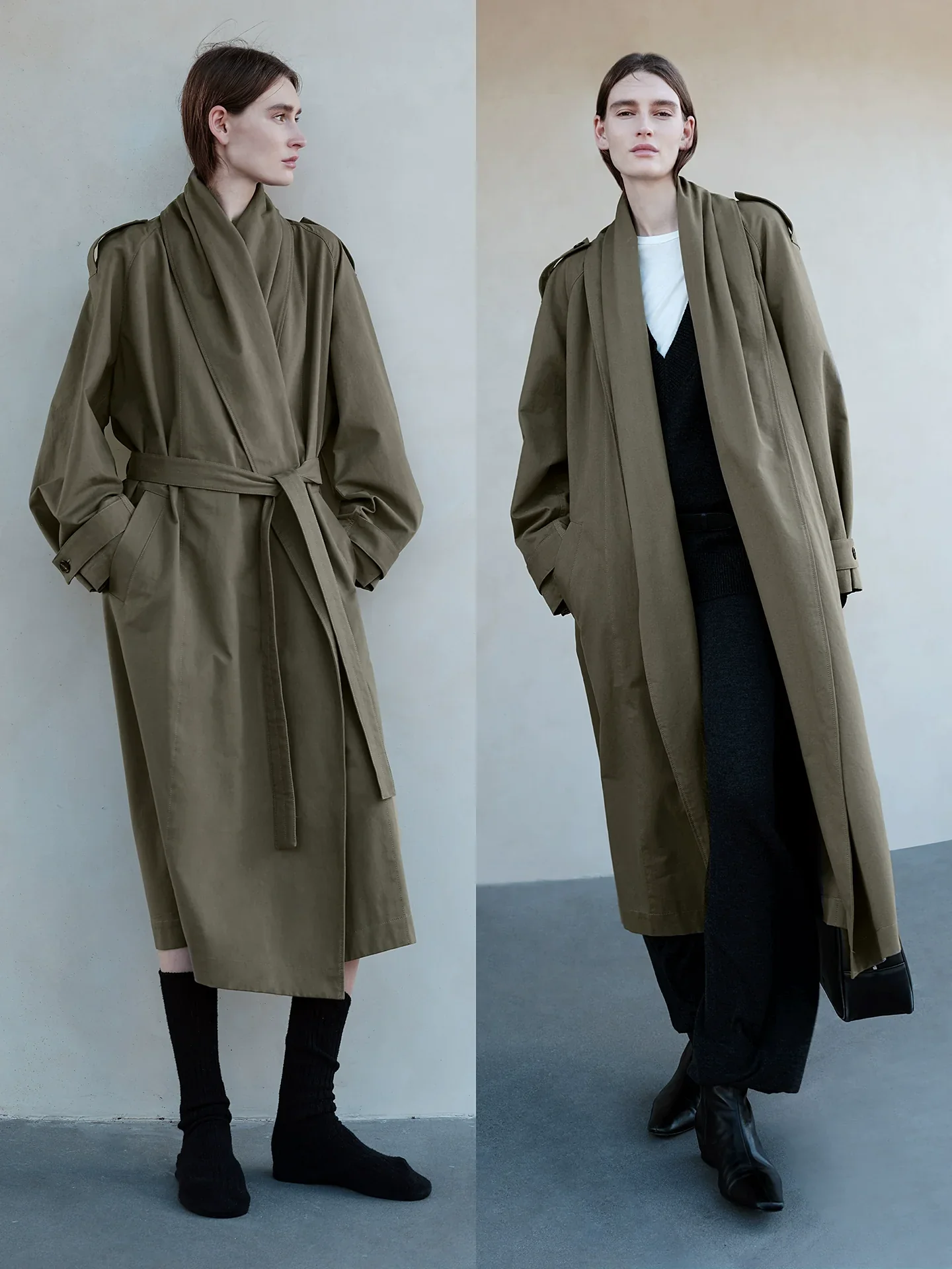 Washed Cotton Shawl-Collar Belted Trench