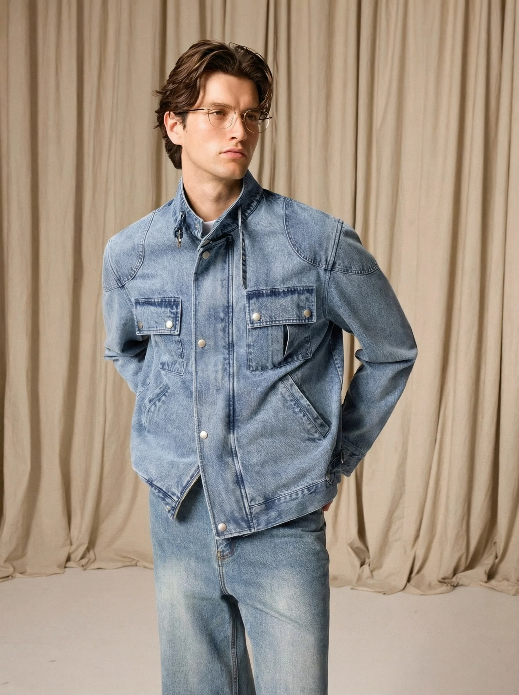 Washed Denim Biker Jacket