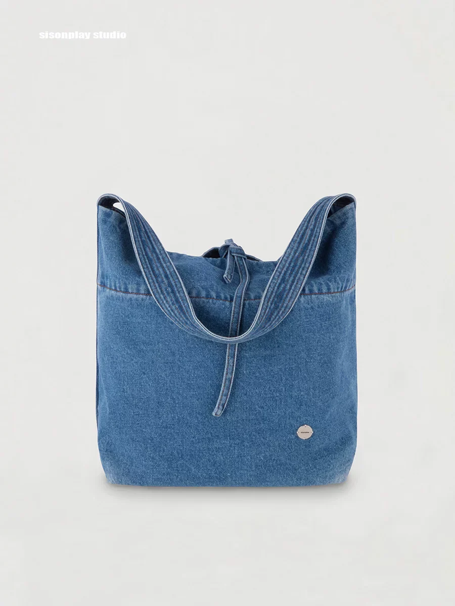 Washed Denim Shoulder Bucket Bag