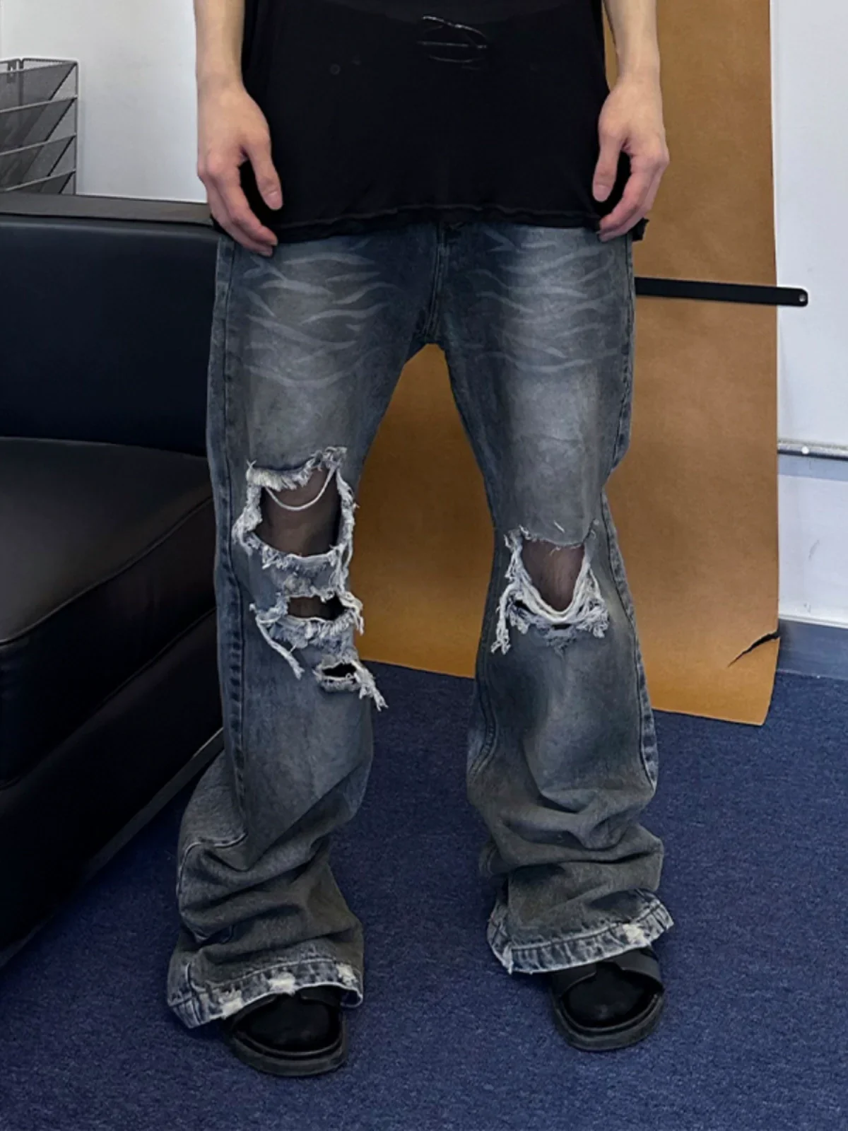 Washed Distressed Flare Jeans