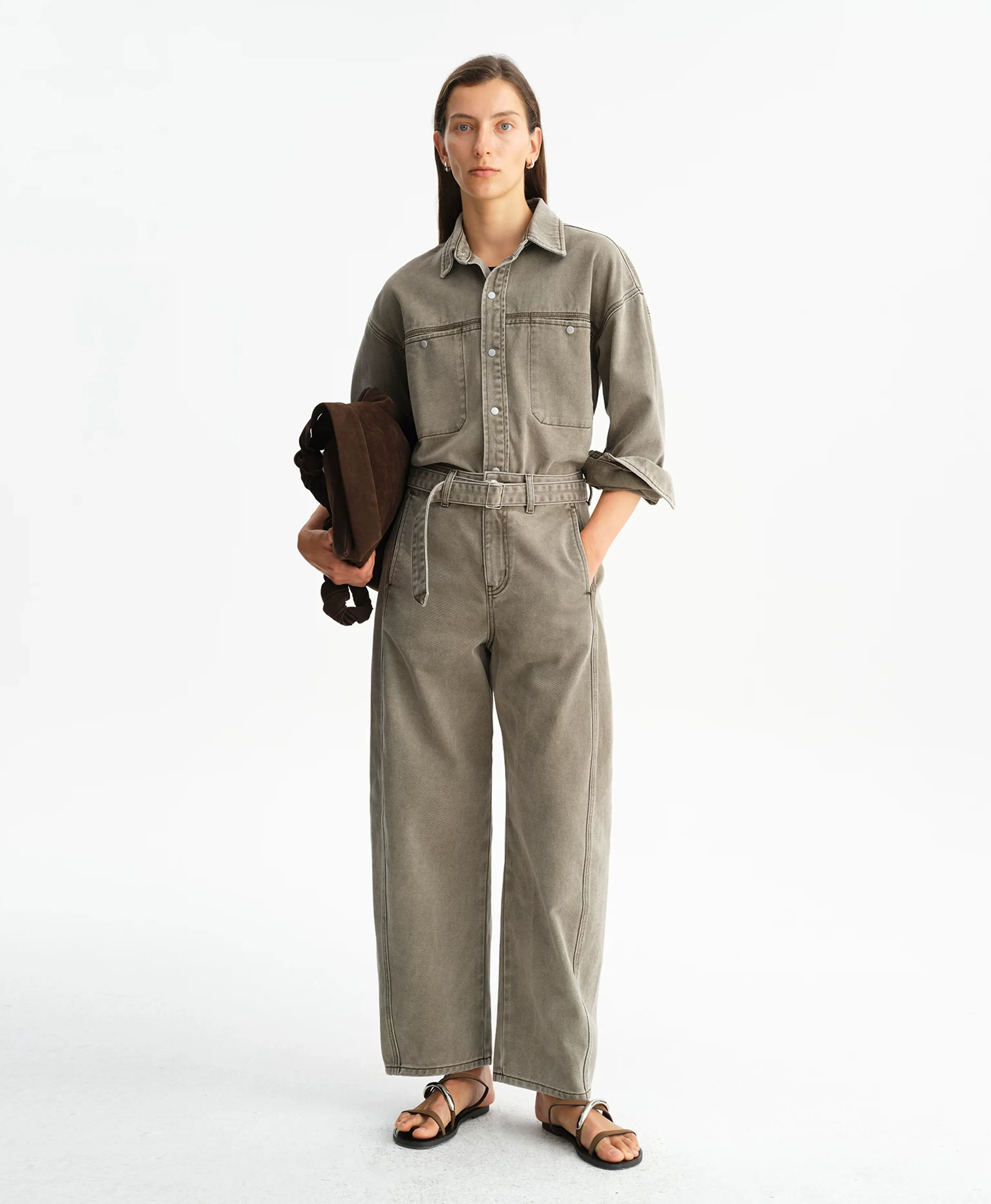 Washed Gray-Green Belted Straight Jeans - Image 5