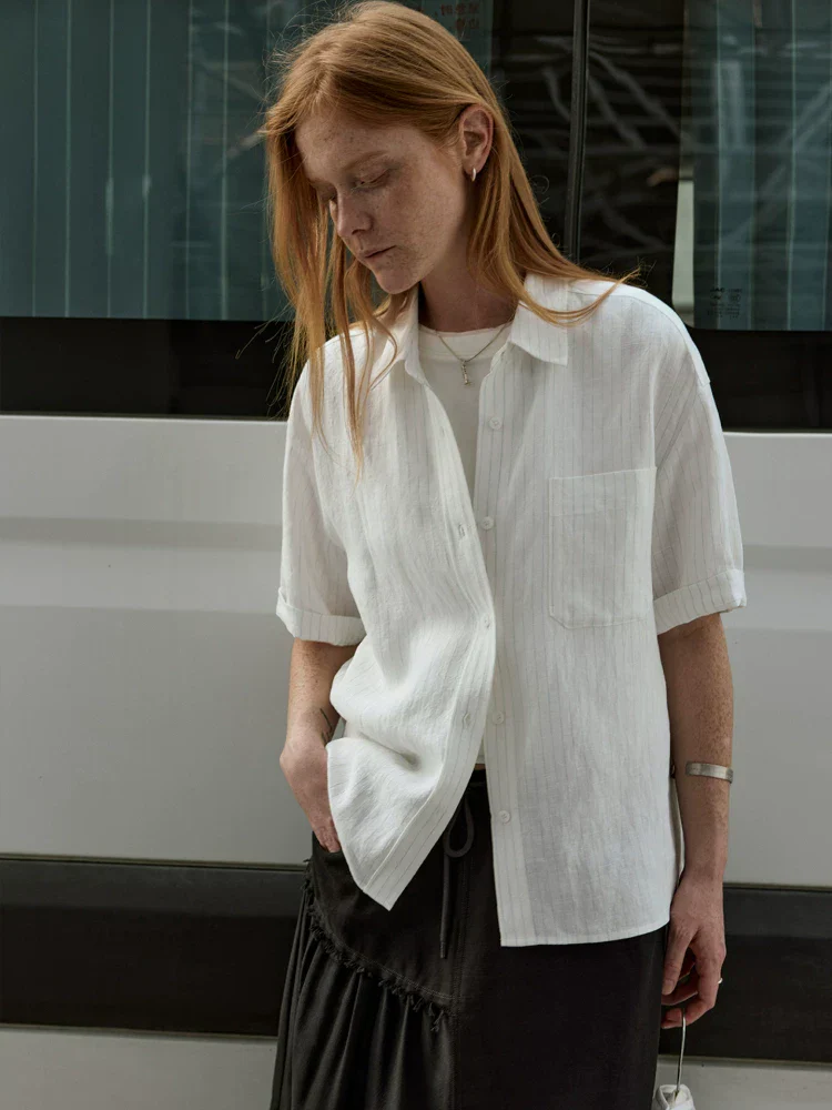 Washed Hemp Pinstripe Short Sleeve Shirt - Image 3