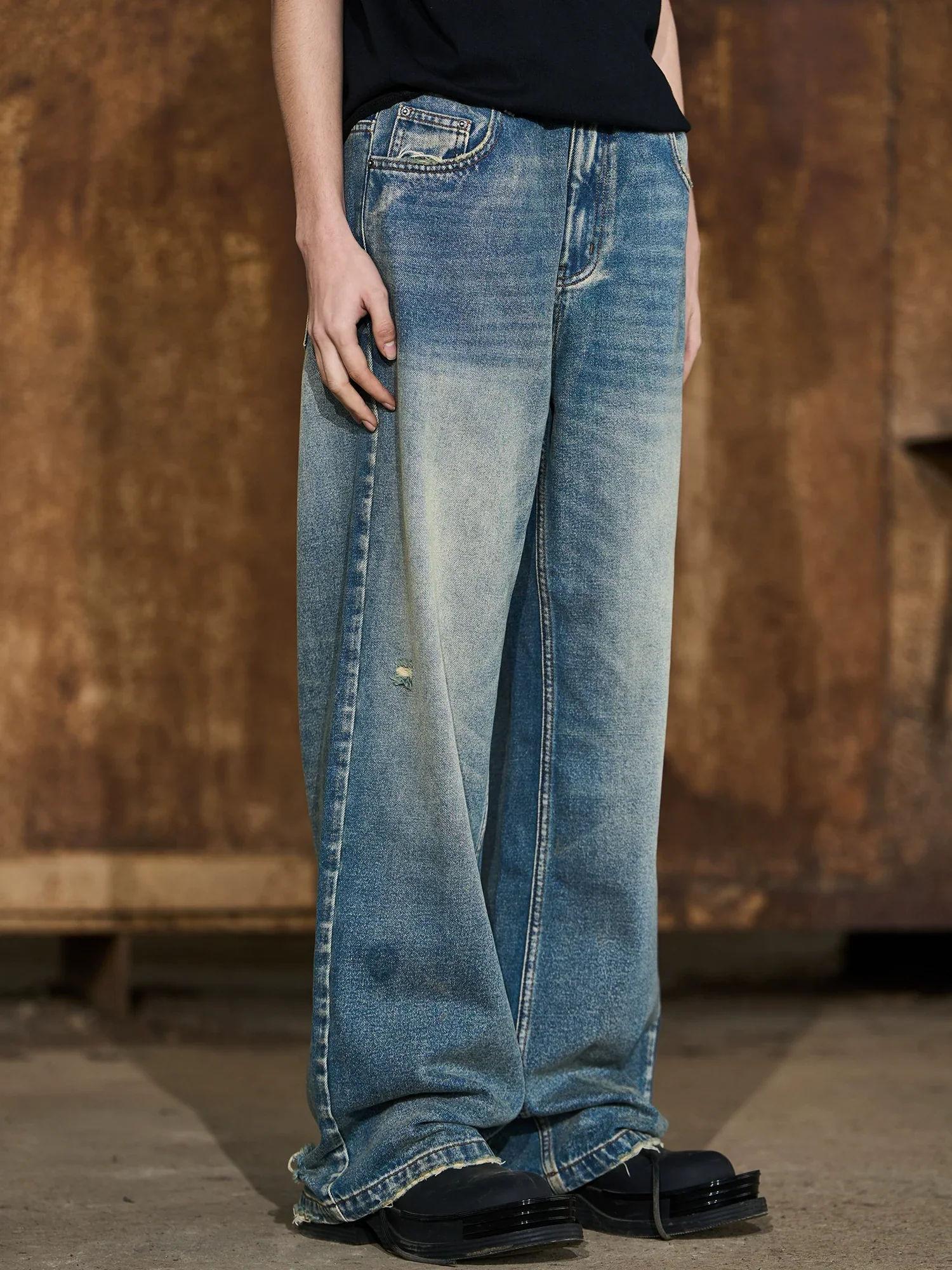 Washed Loose Straight Denim Trousers