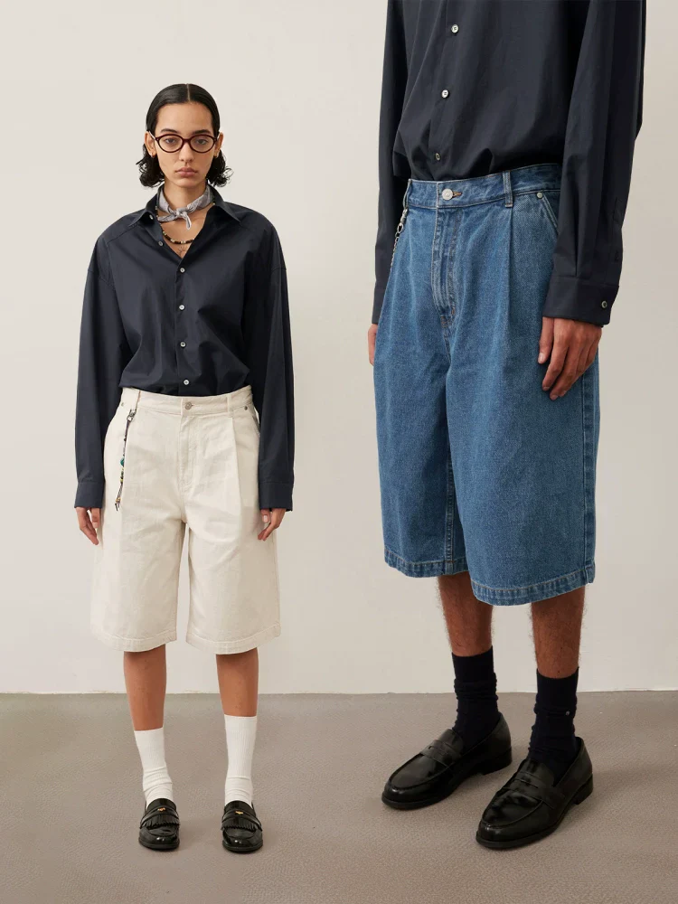 Washed Single Pleat Denim Shorts - Image 2