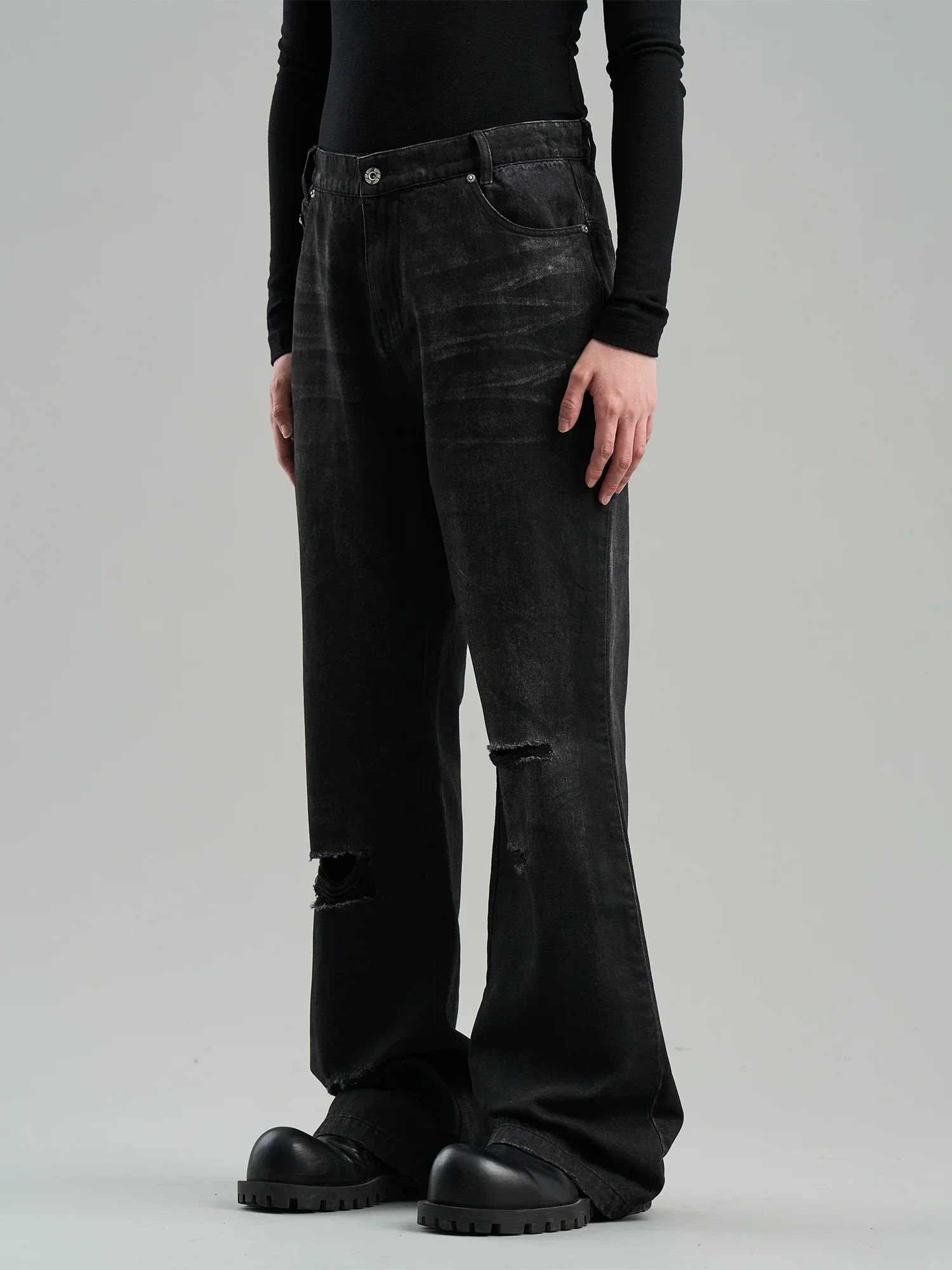 Waxed Paint Flared Denim Trousers - Image 2