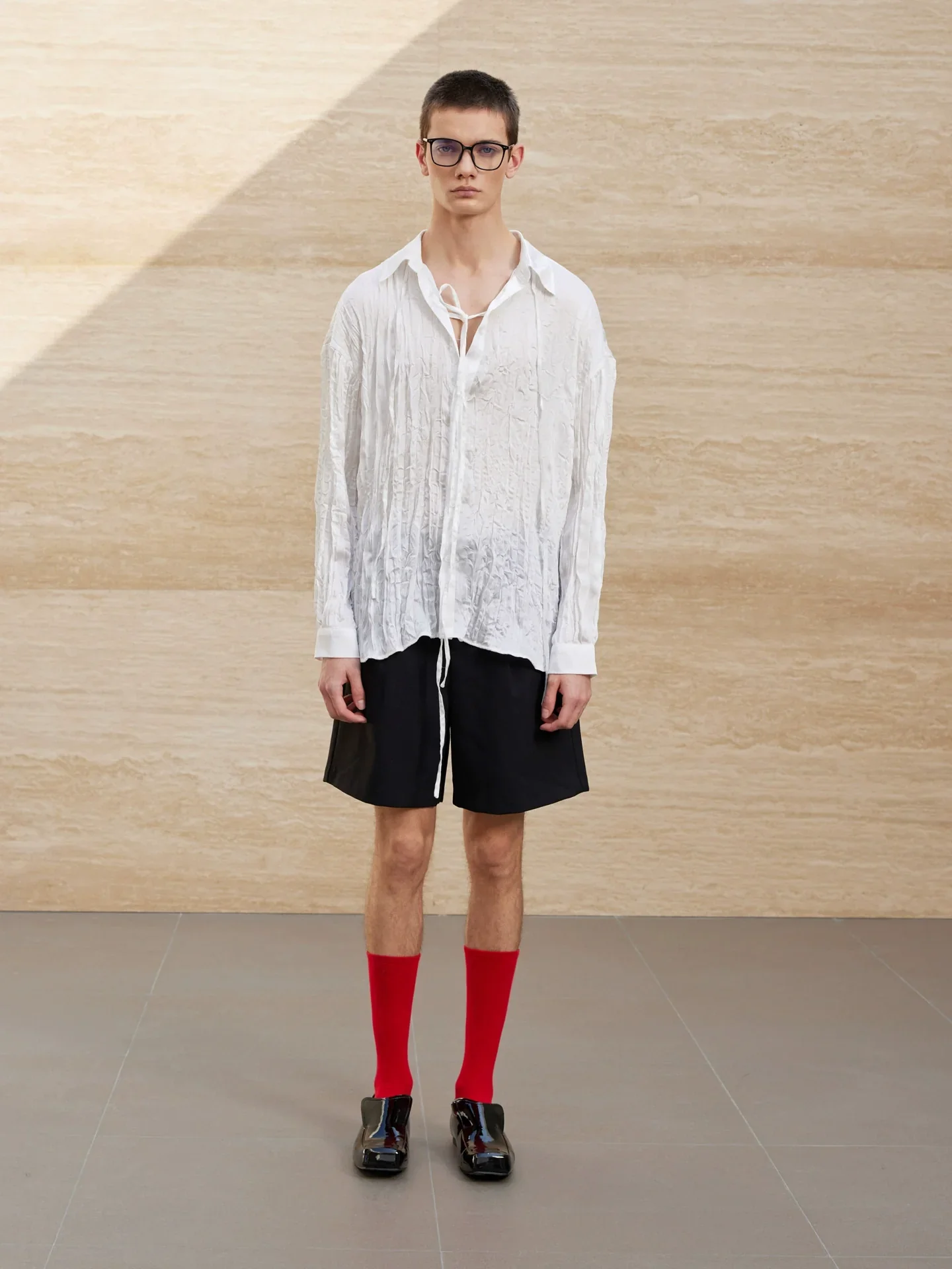 White Crinkled Tie-Neck Shirt - Image 4