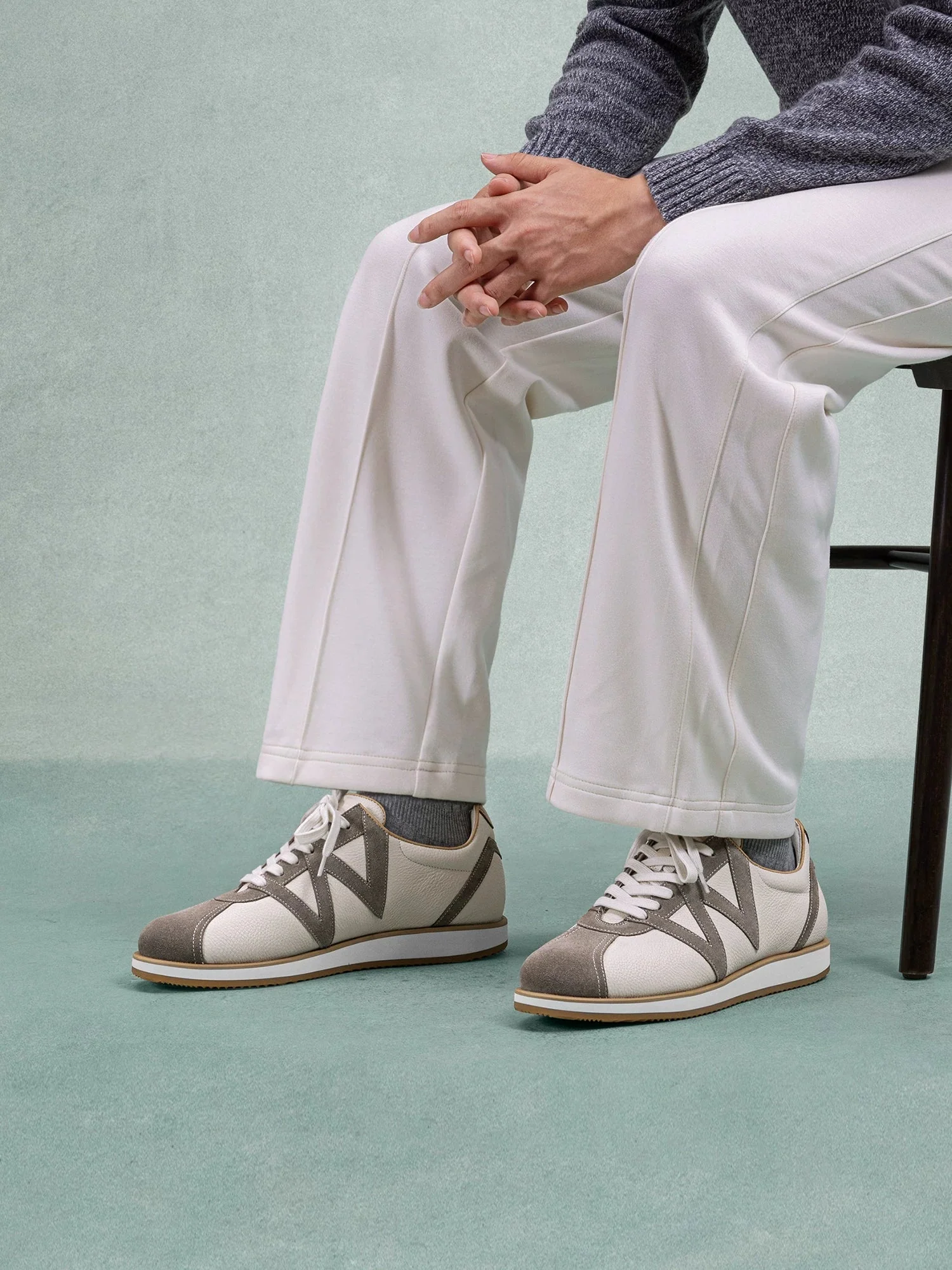 White Leather Suede-Trim Sneaker
