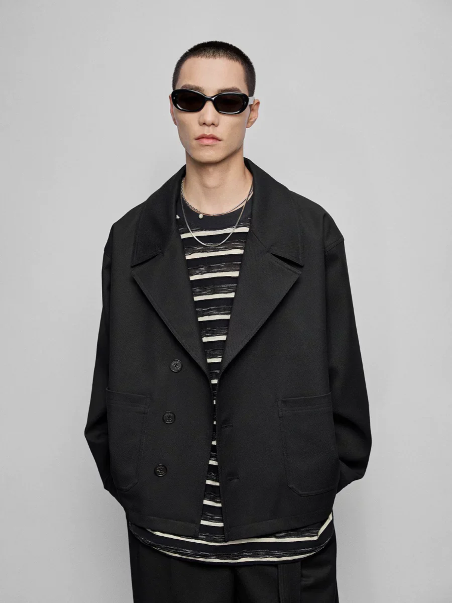 Wide Lapel Three-Button Twill Jacket - Image 4