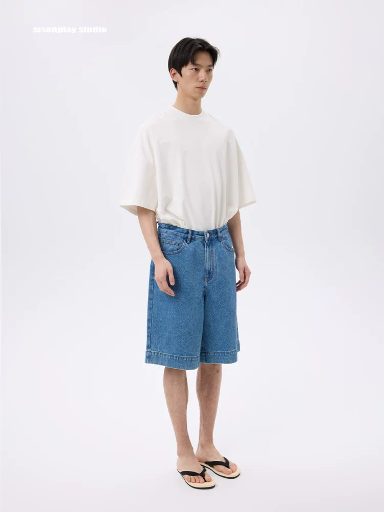 Wide-Leg Denim Bermuda Shorts
