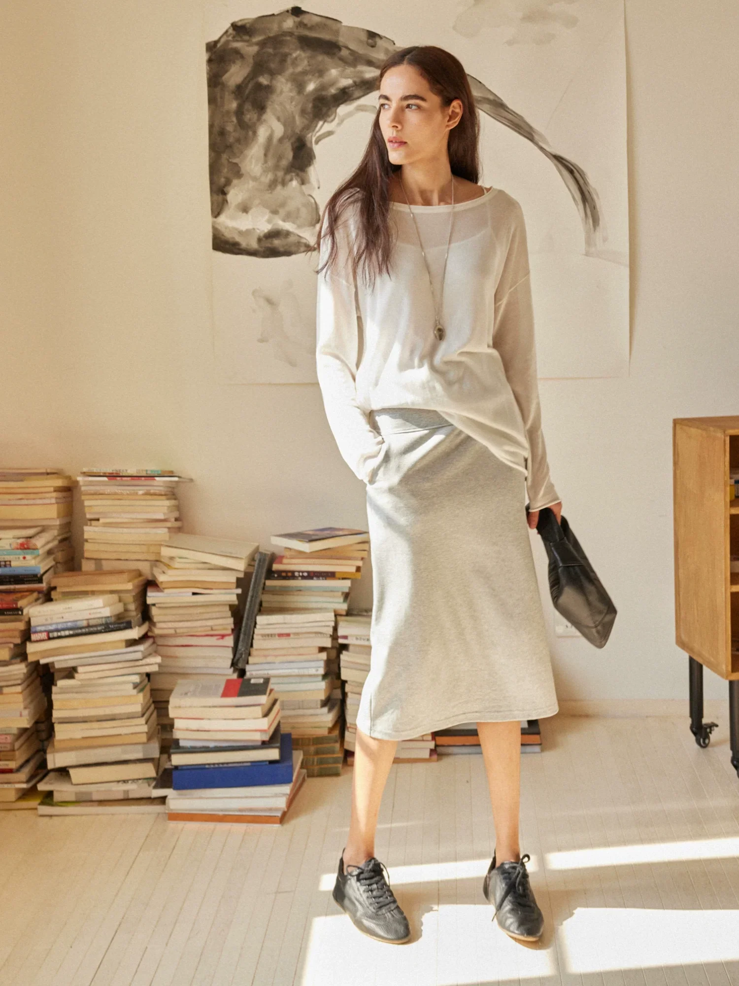 Wide Waist Back-Slit Knit Midi Skirt - Image 4