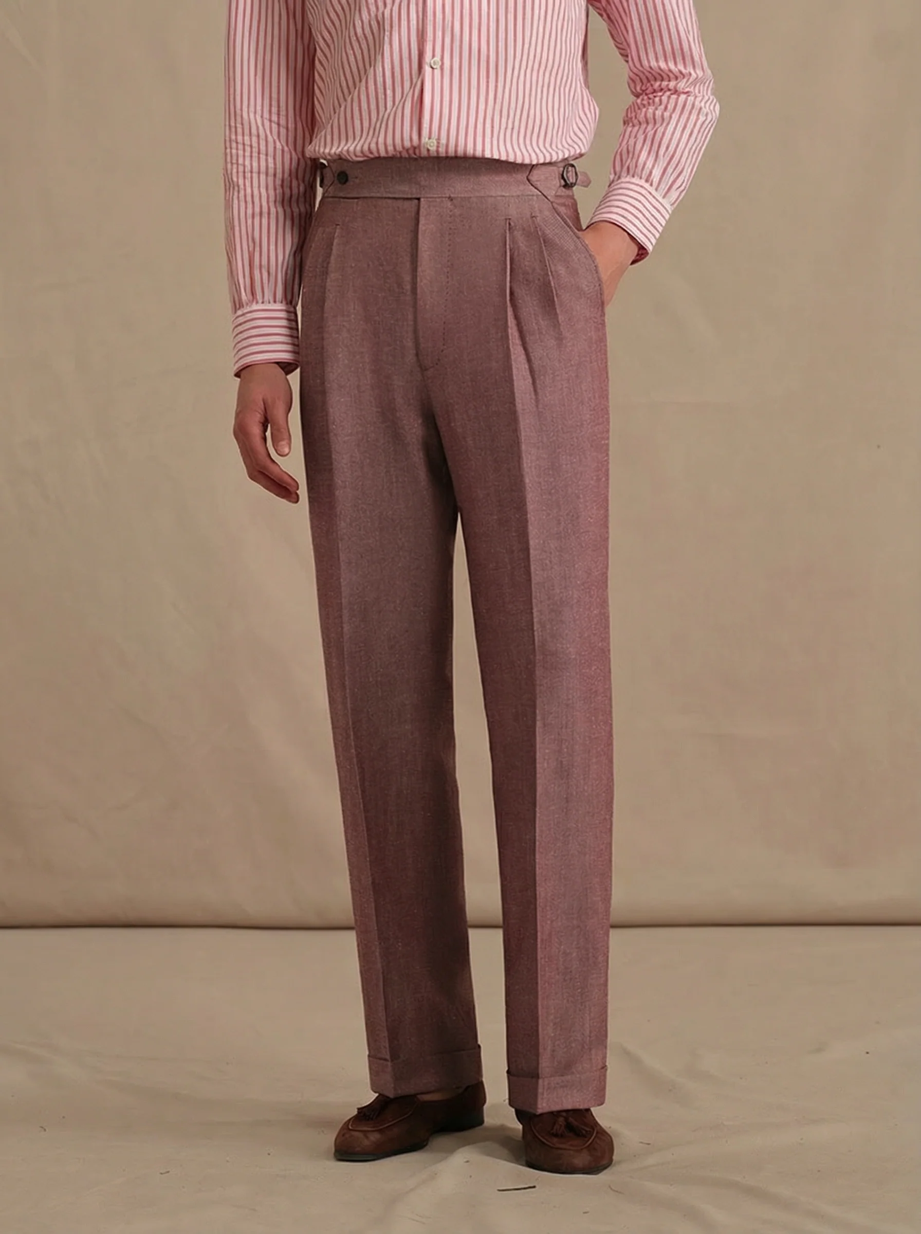 Wine-Red Double-Pleat Straight Trousers