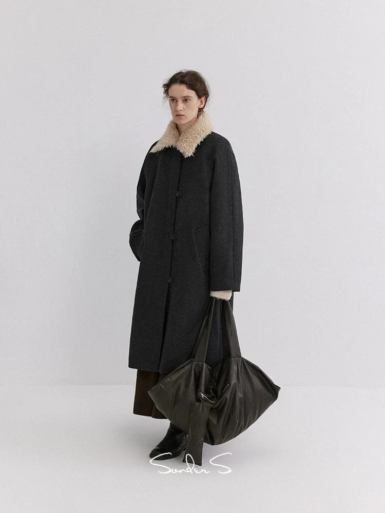 Wool-Blend Overcoat with Detachable Shearling Collar