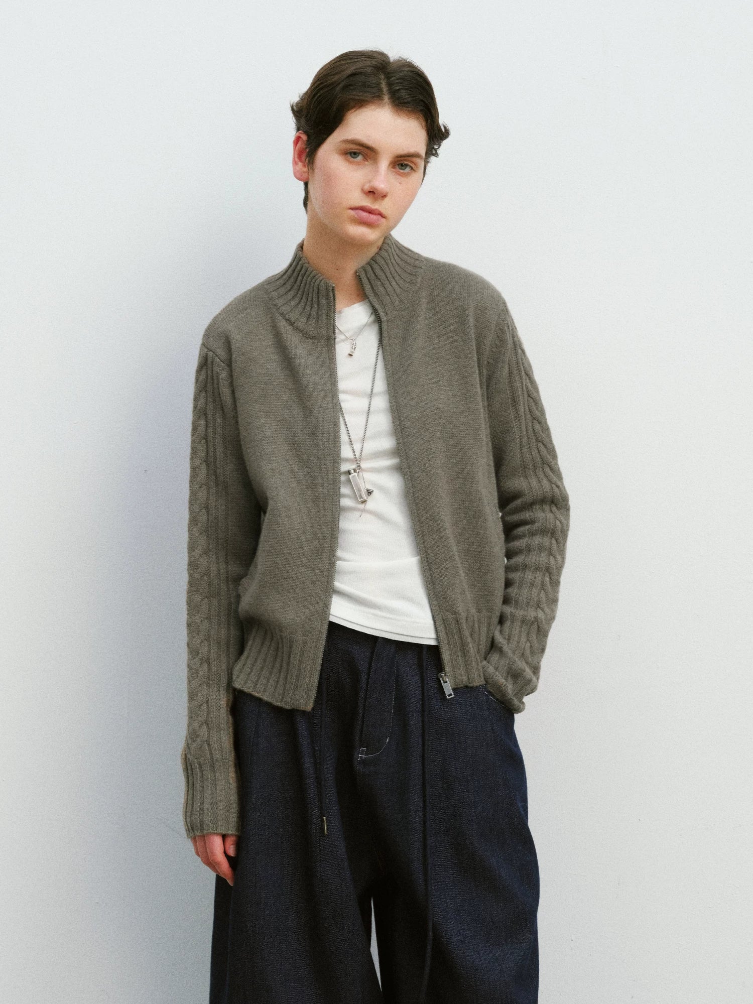 Wool Cable-Sleeve Stand Collar Zip Cardigan - Image 6