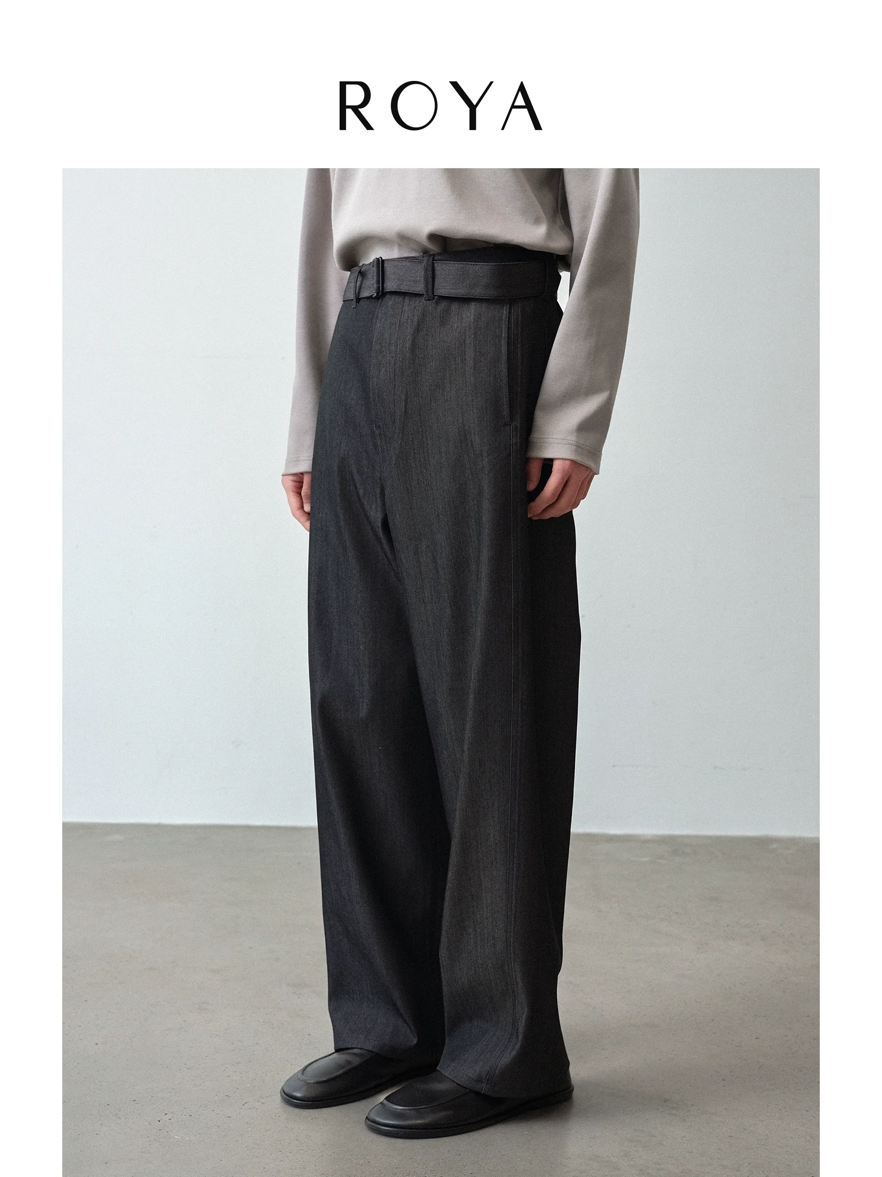 Wool Denim Belted Wide-Leg Trousers