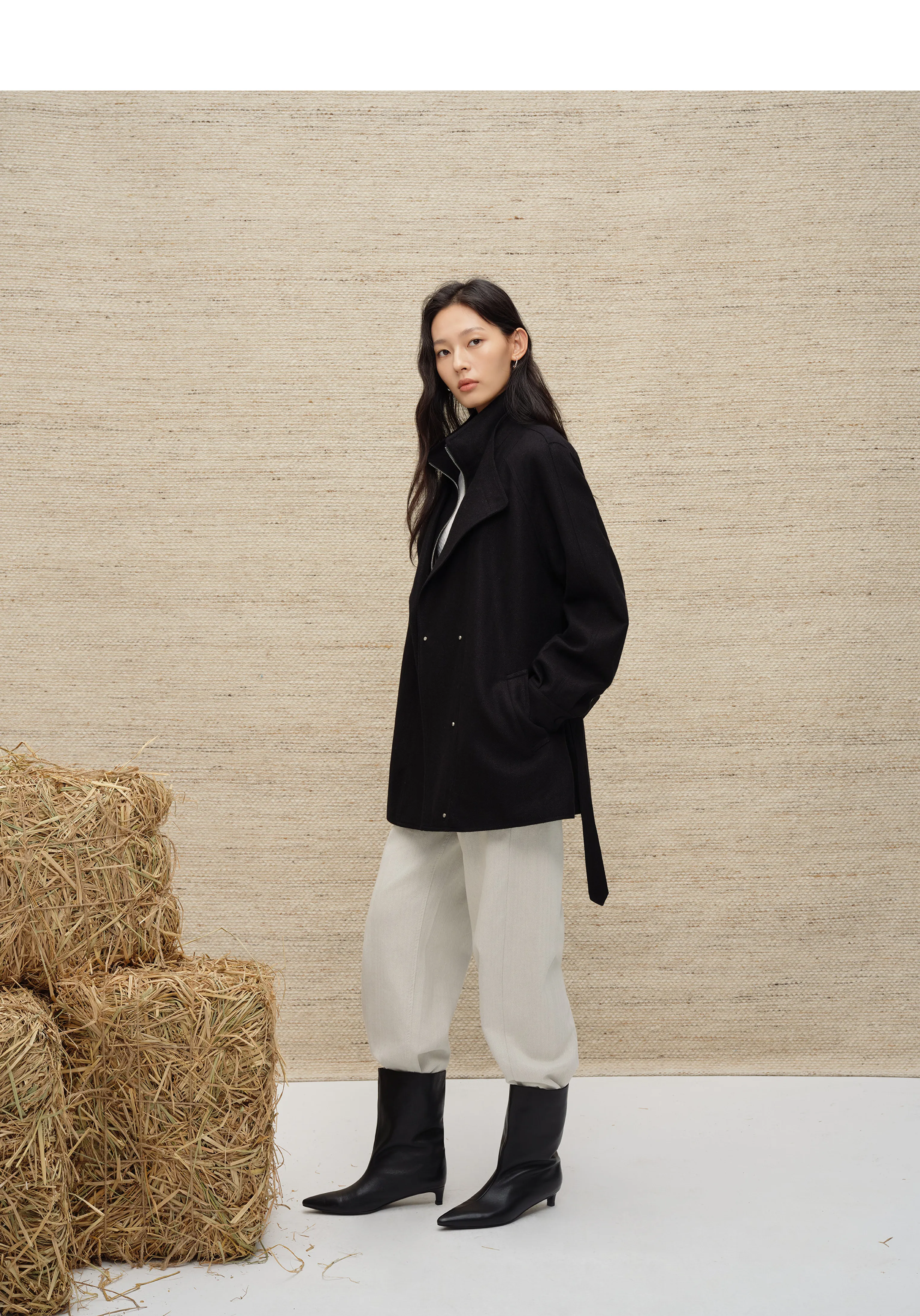 Wool-Linen Convertible Collar Belted Jacket