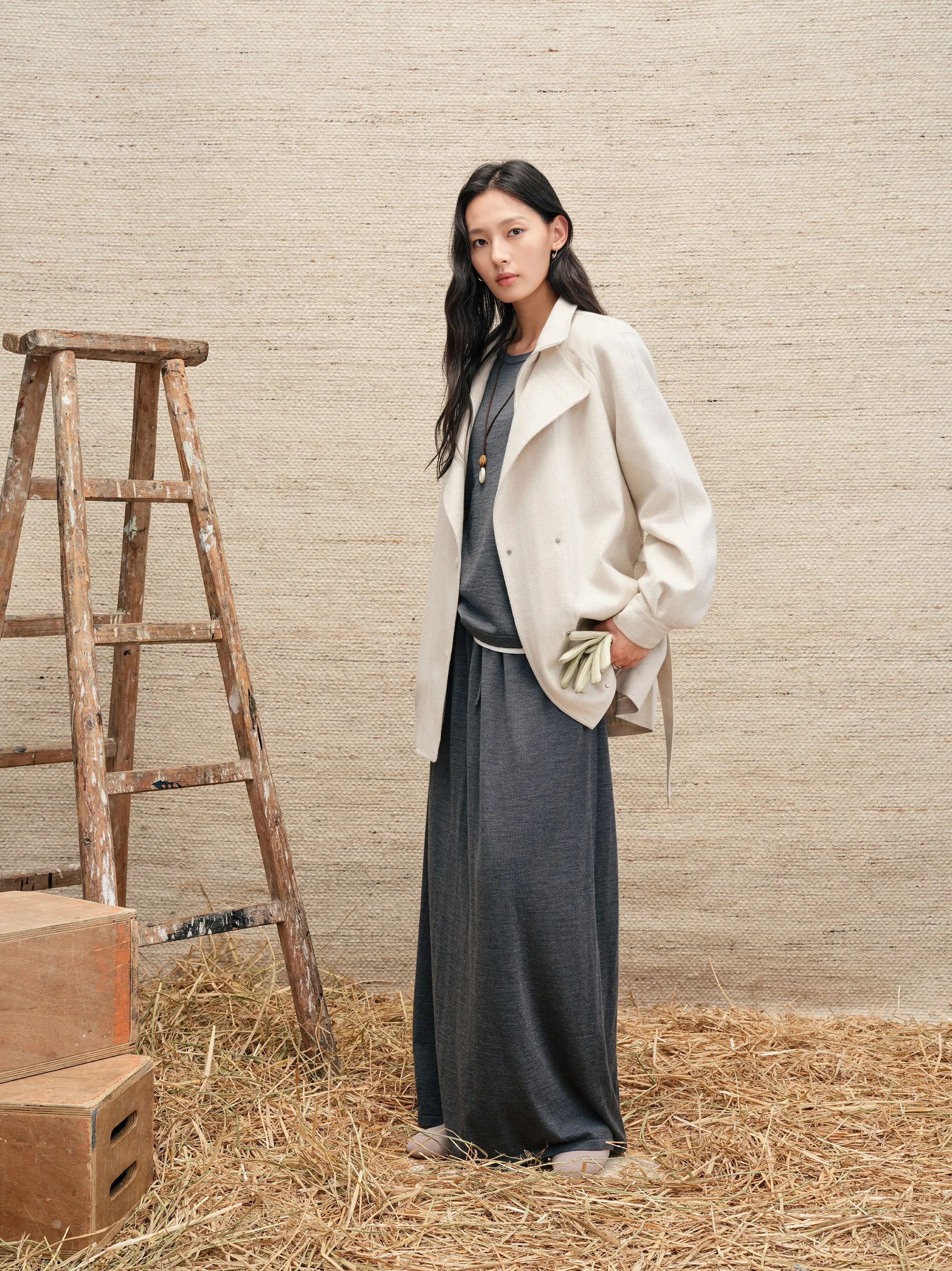 Wool-Linen Convertible Collar Belted Jacket - Image 4