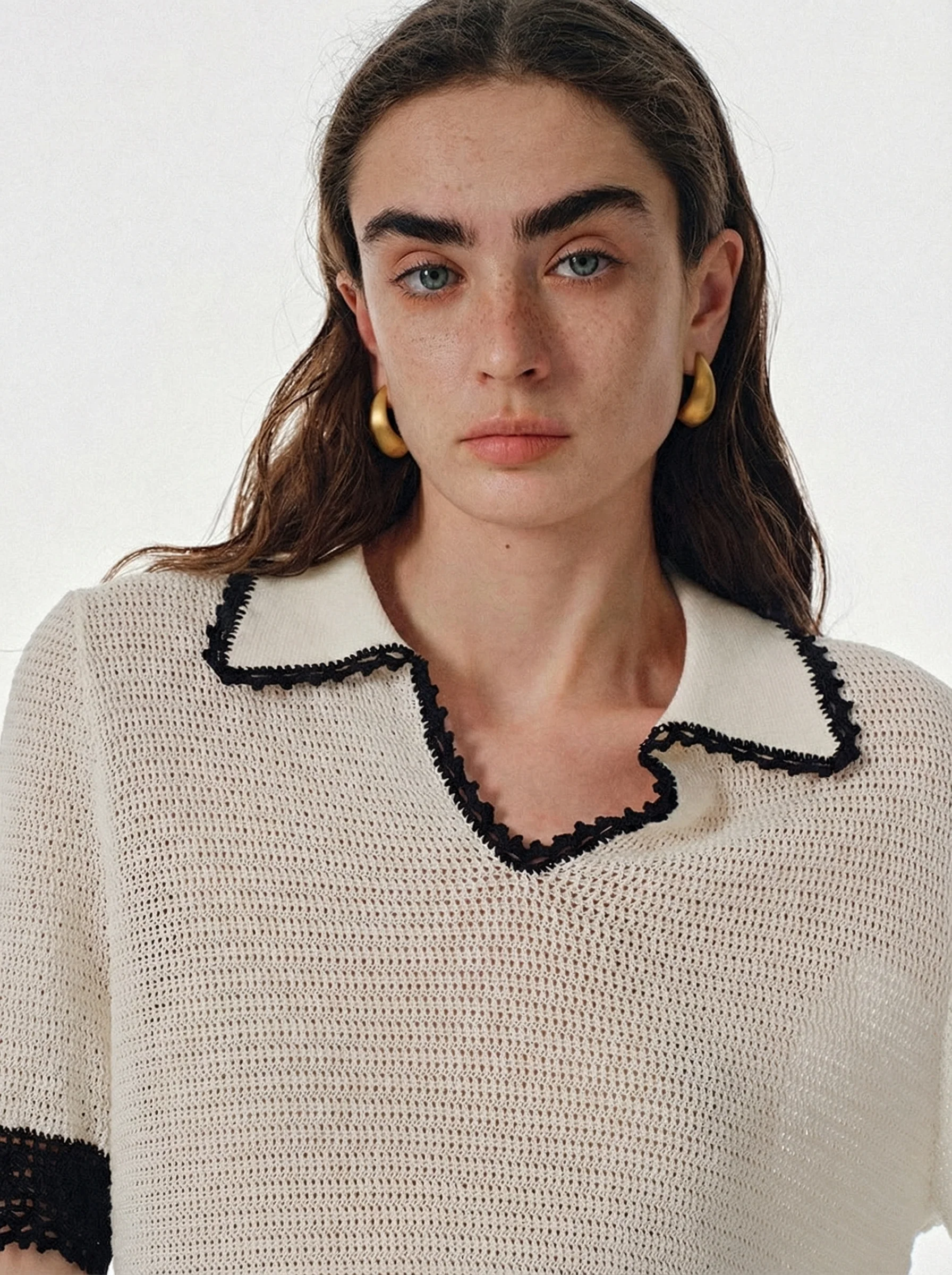 Wool-Linen Crochet Polo Sweater - Image 3