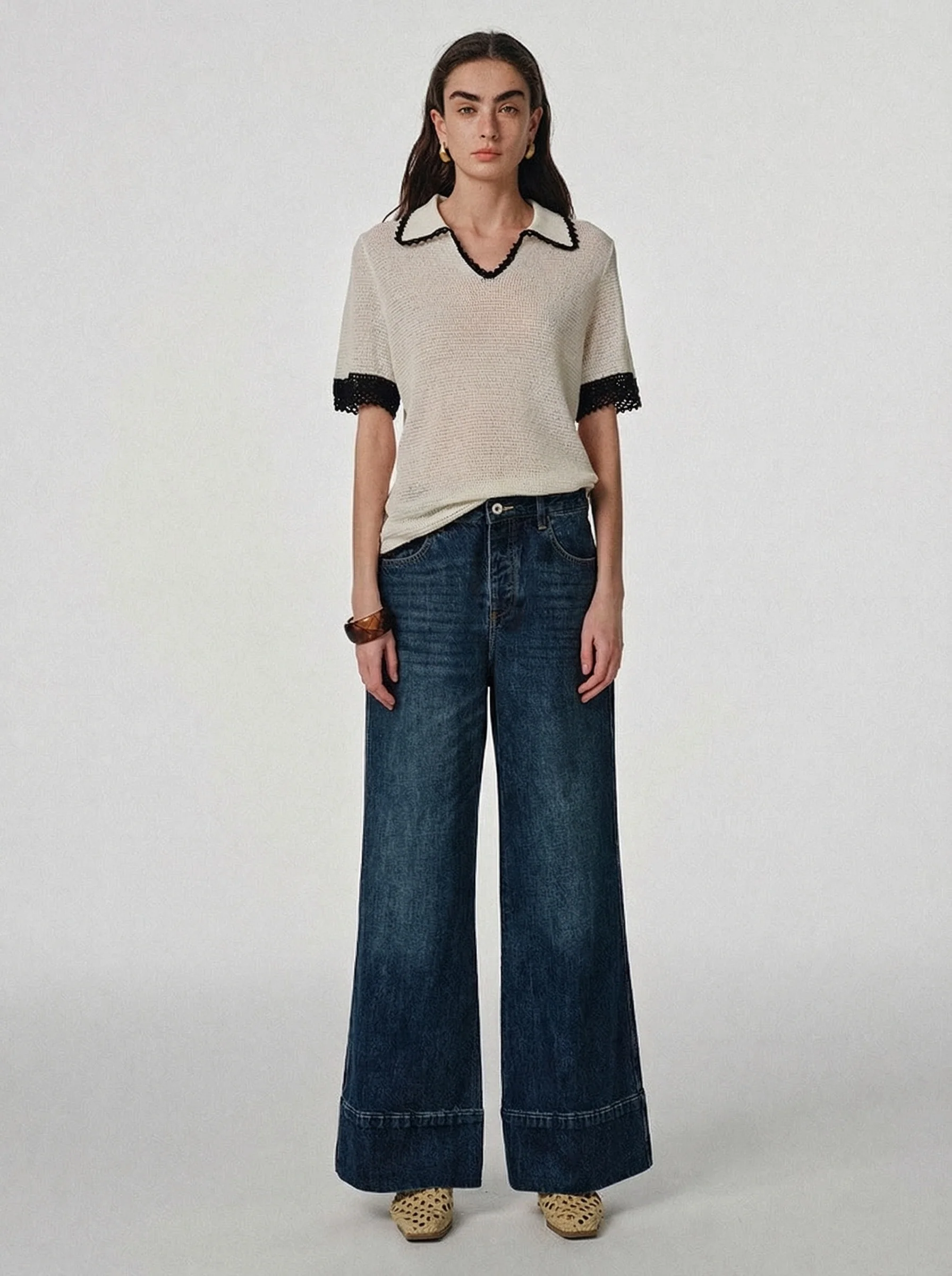Wool-Linen Crochet Polo Sweater - Image 4