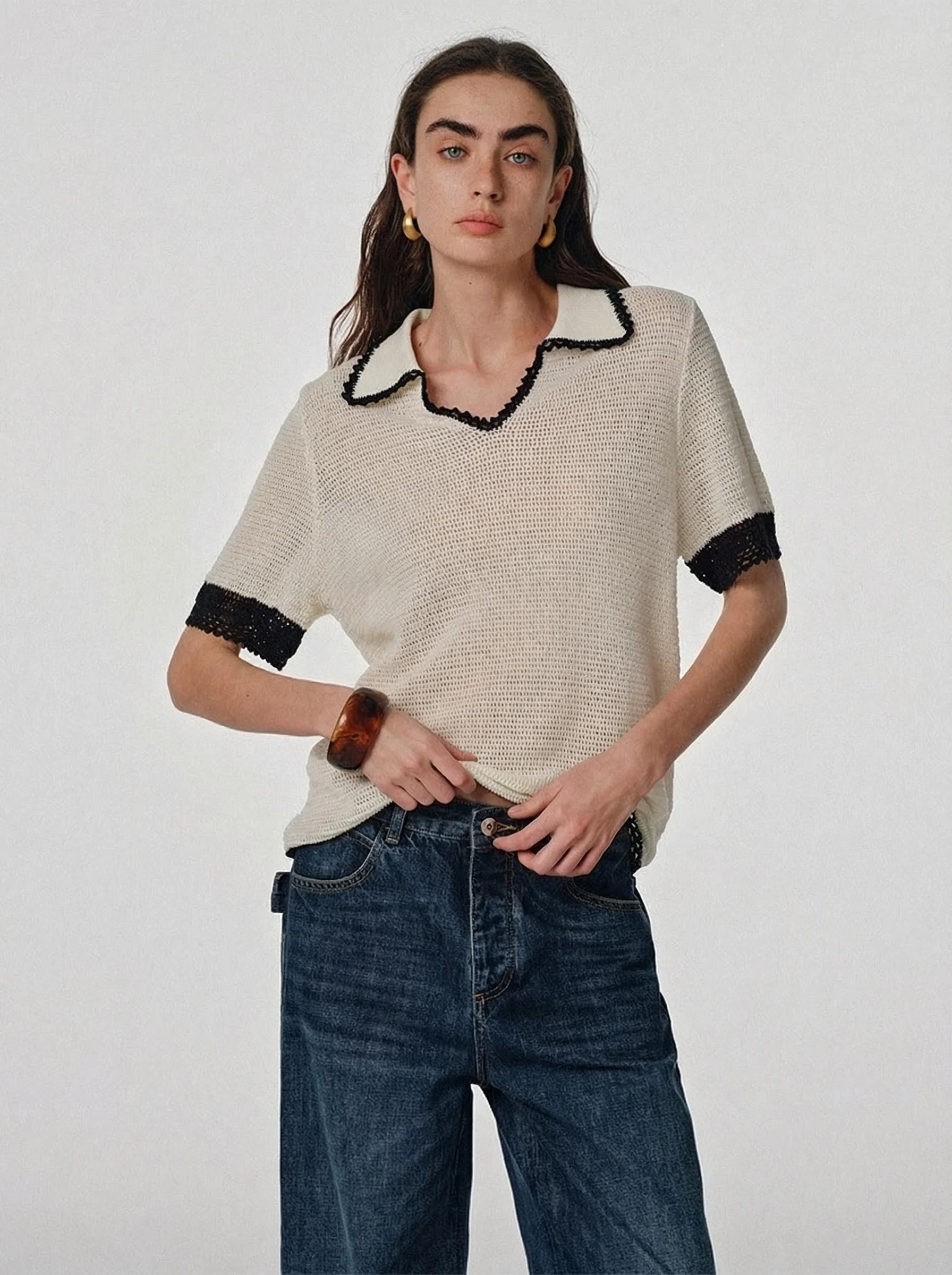 Wool-Linen Crochet Polo Sweater - Image 5