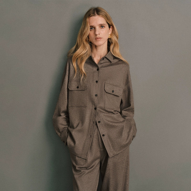 Wool Melange Shirt and Wide-Leg Trousers Set
