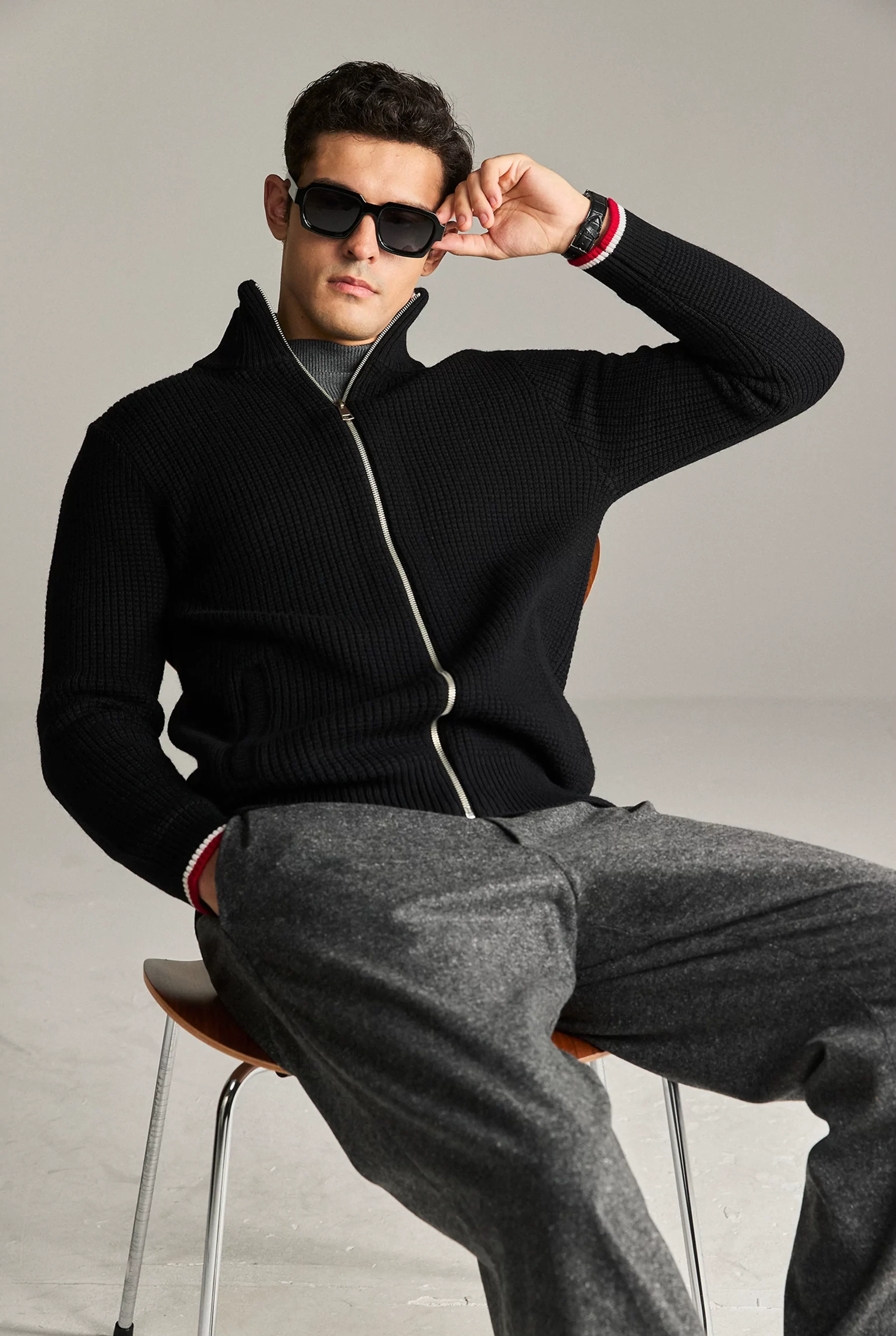 Wool Waffle Knit Zip Cardigan - Image 6